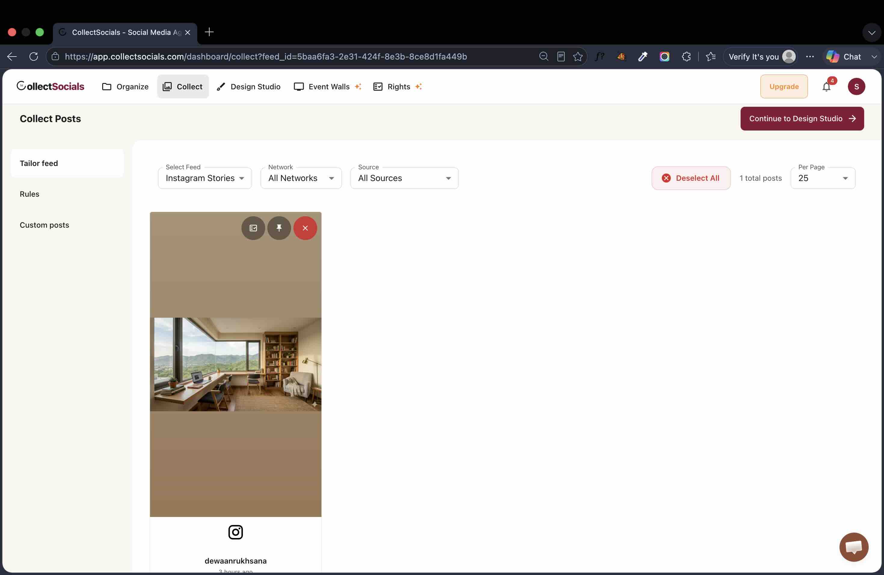 The Collect Posts view filtered to the Instagram Stories feed, showing 1 total post: a vertical story card of a home-office workstation credited to dewaanrukhsana and dated 3 hours ago, with approve, pin and remove controls