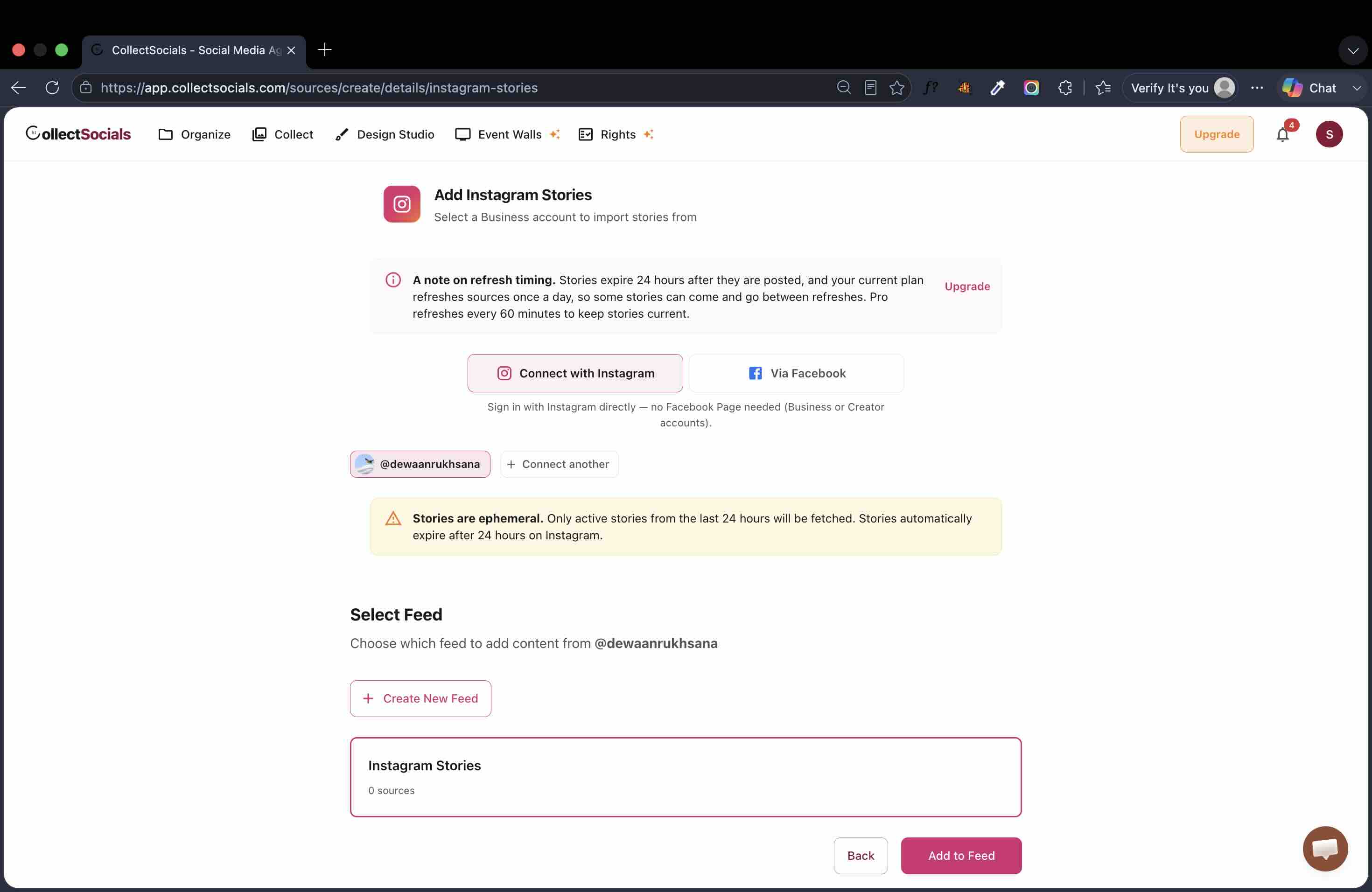 The stories setup screen after connecting, showing the connected account chip, a "Stories are ephemeral" warning that only active stories from the last 24 hours are fetched, and a Select Feed step with the Instagram Stories feed listed above an Add to Feed button