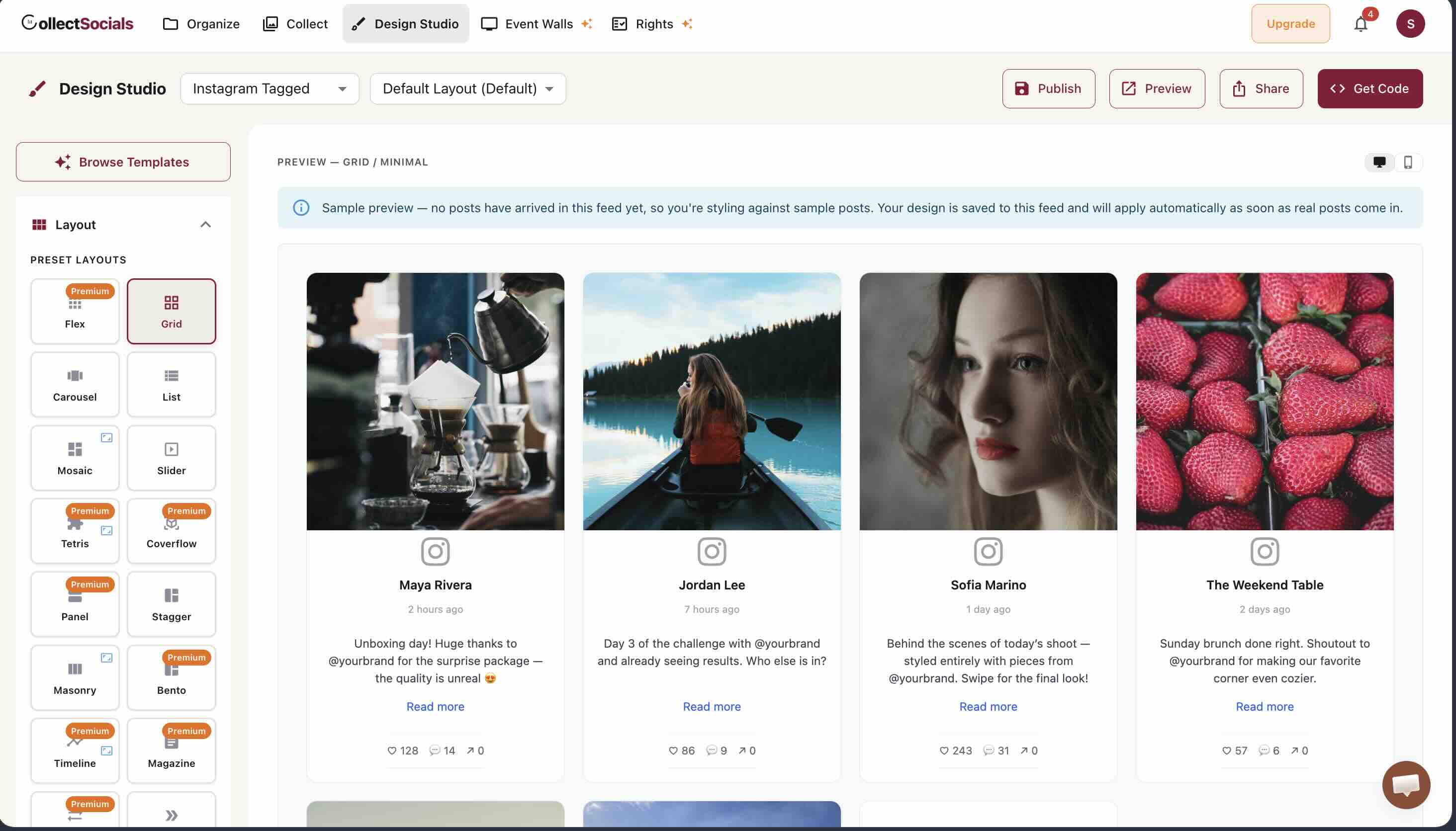 Design Studio sample preview, with a banner explaining that no posts have arrived yet so the design is being styled against placeholder posts