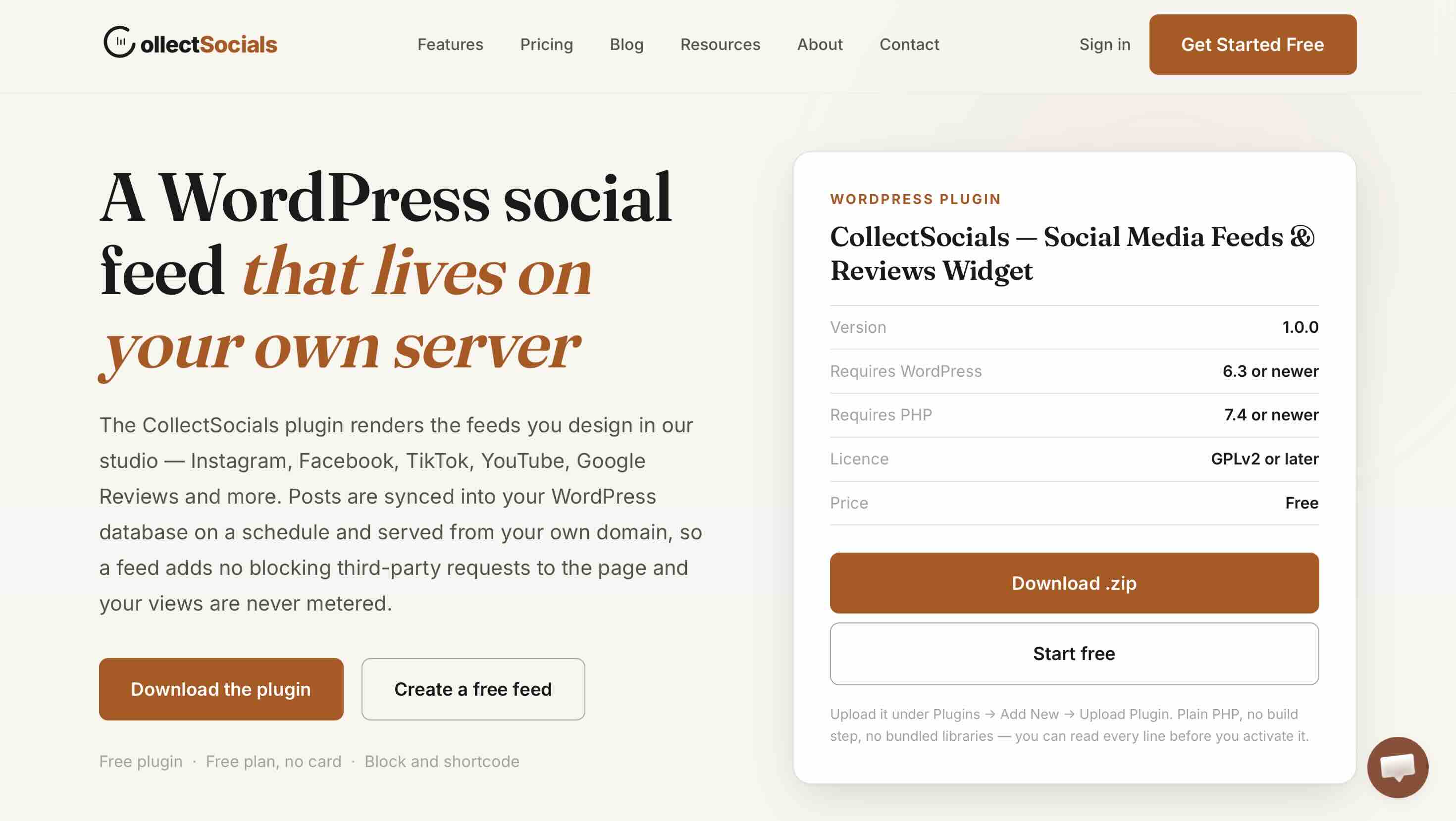 The CollectSocials WordPress plugin page listing version 1.0.0, WordPress 6.3 or newer, PHP 7.4 or newer, GPLv2 licence and a free price, with a Download .zip button