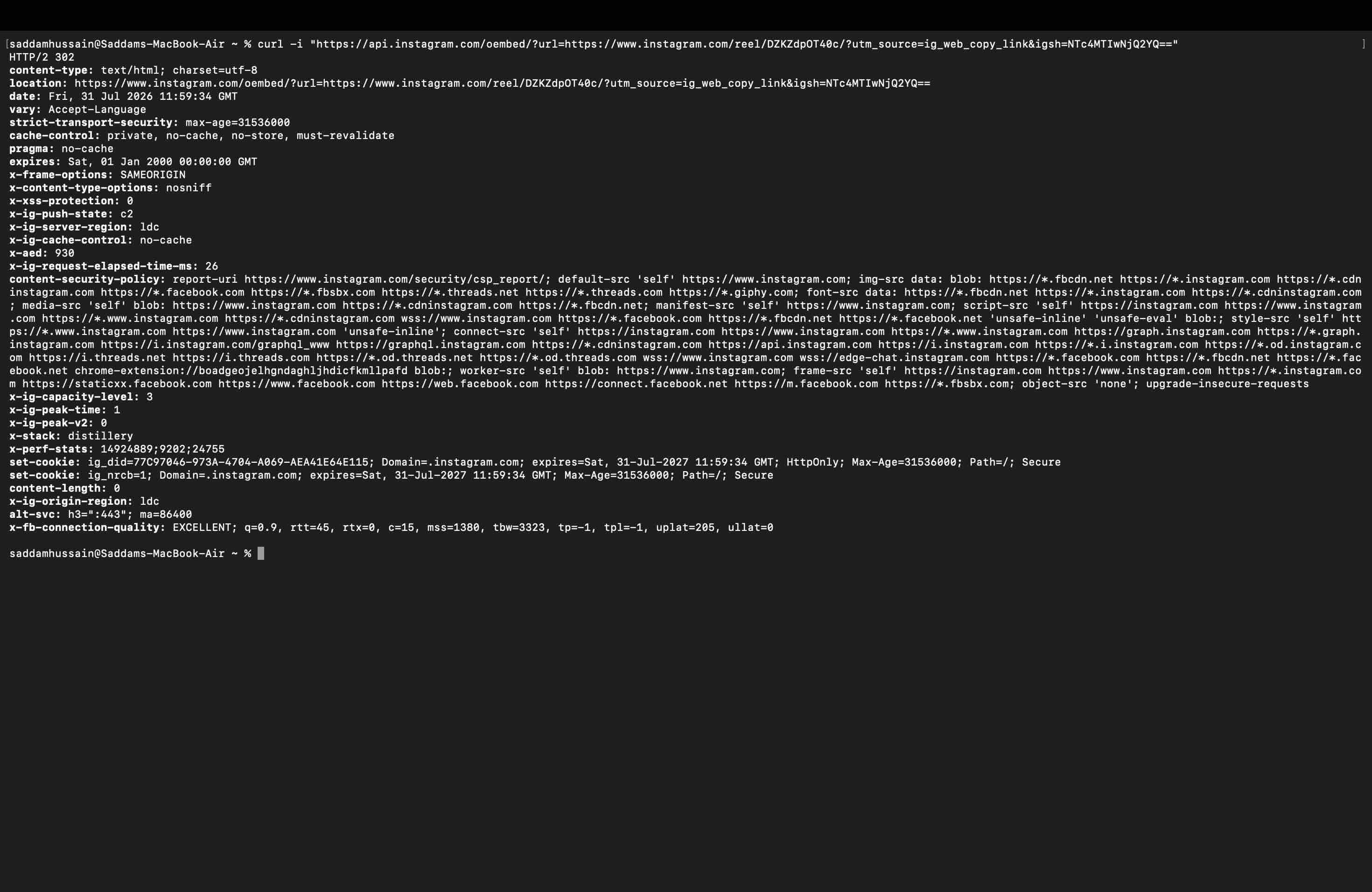 ターミナルでapi.instagram.com/oembedにcurlを実行した出力。HTTP/2 302とcontent-length: 0が返り、埋め込みの中身は含まれていない