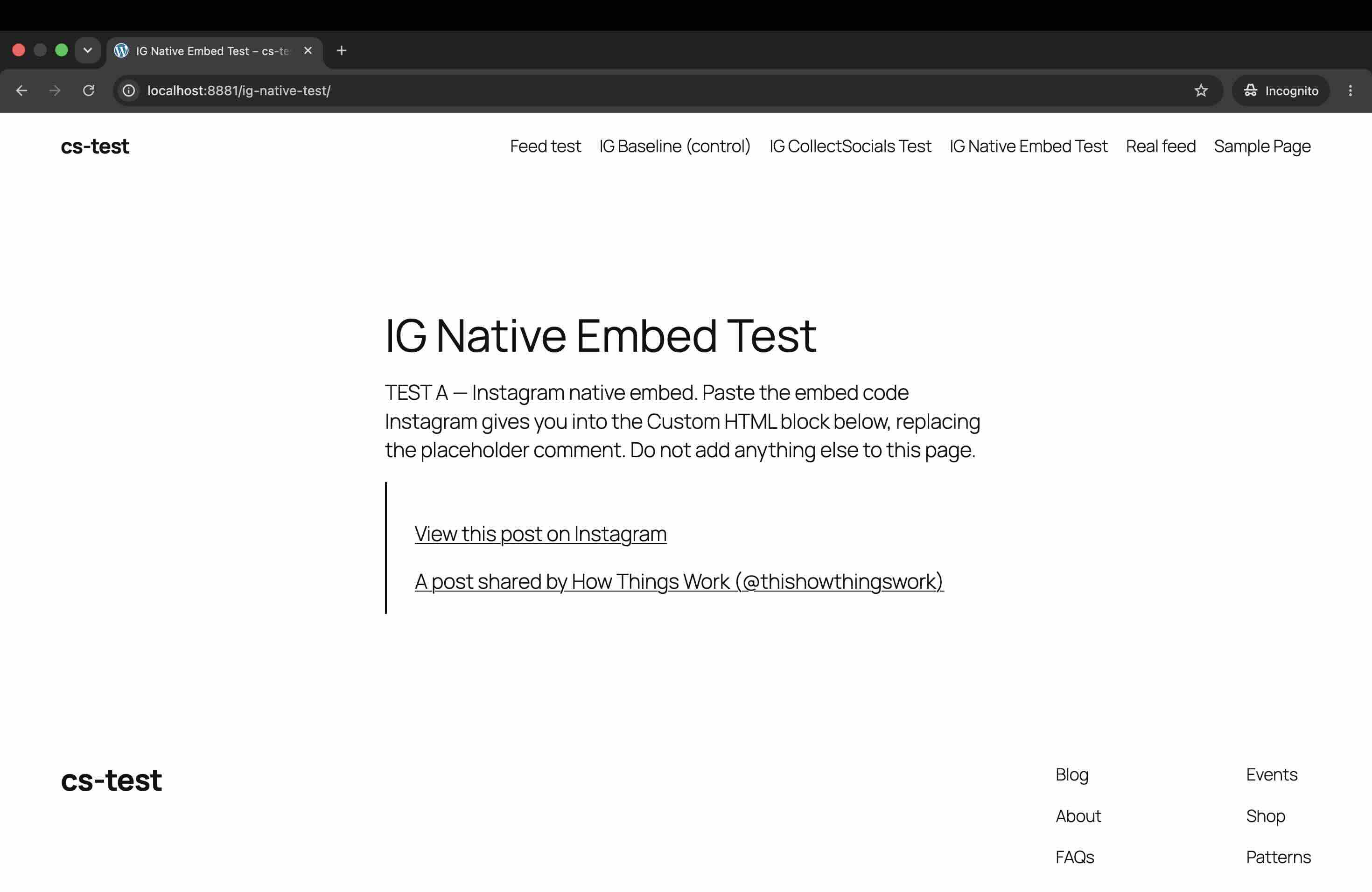公開したWordPressページをChromeのシークレットウィンドウで開いた画面。インスタグラム公式の埋め込みコードが「View this post on Instagram」と投稿者名の2本の下線付きリンクだけを描画している