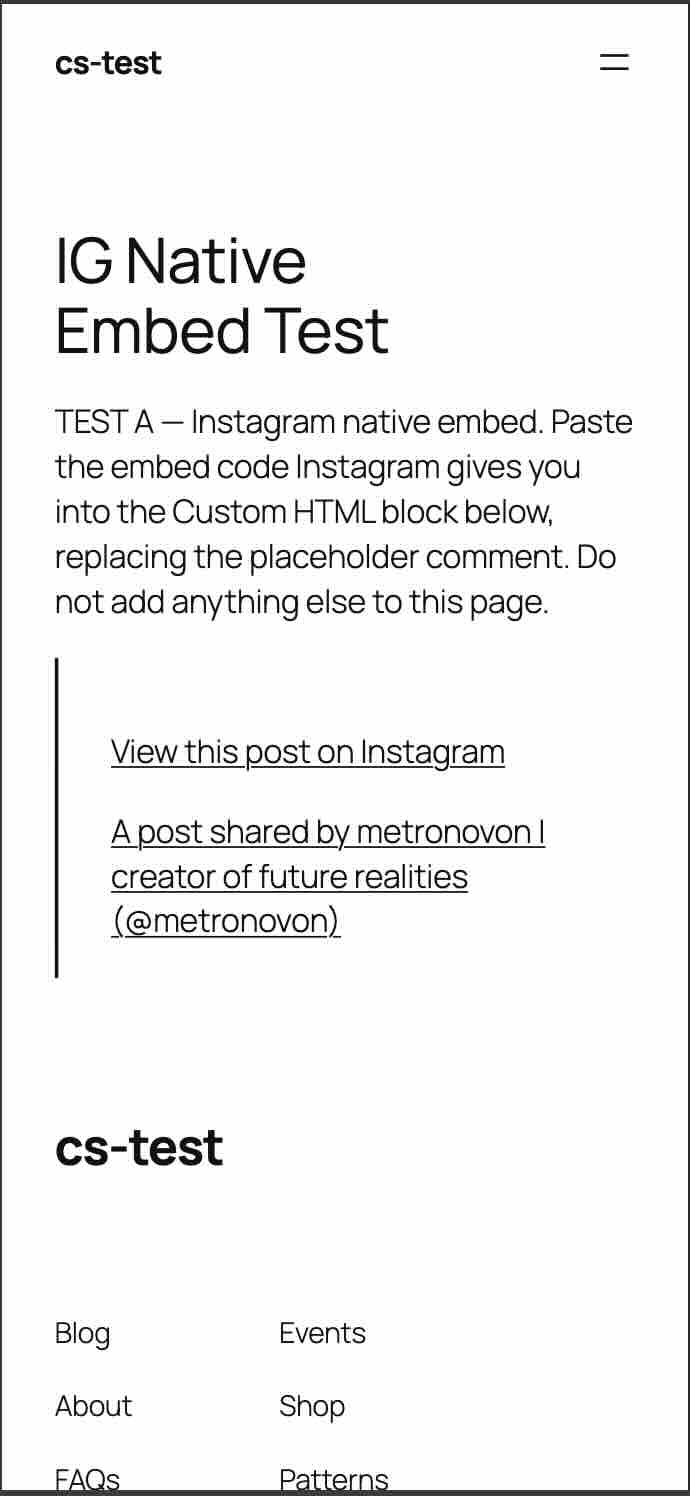 同じテストページをモバイル幅で開いた画面。やはり「View this post on Instagram」と投稿者名の2本のリンクだけが表示され、投稿の中身は描画されていない