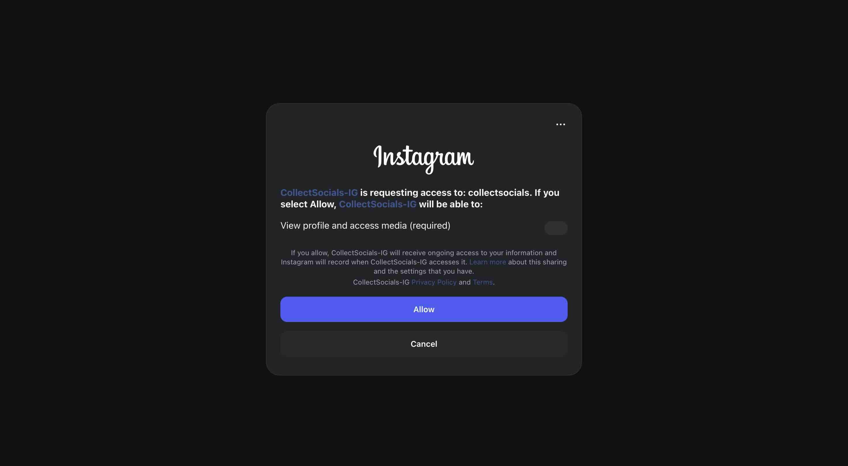 Instagramの認証画面。CollectSocials-IGが「View profile and access media (required)」の権限を要求し、AllowとCancelのボタンが表示されている