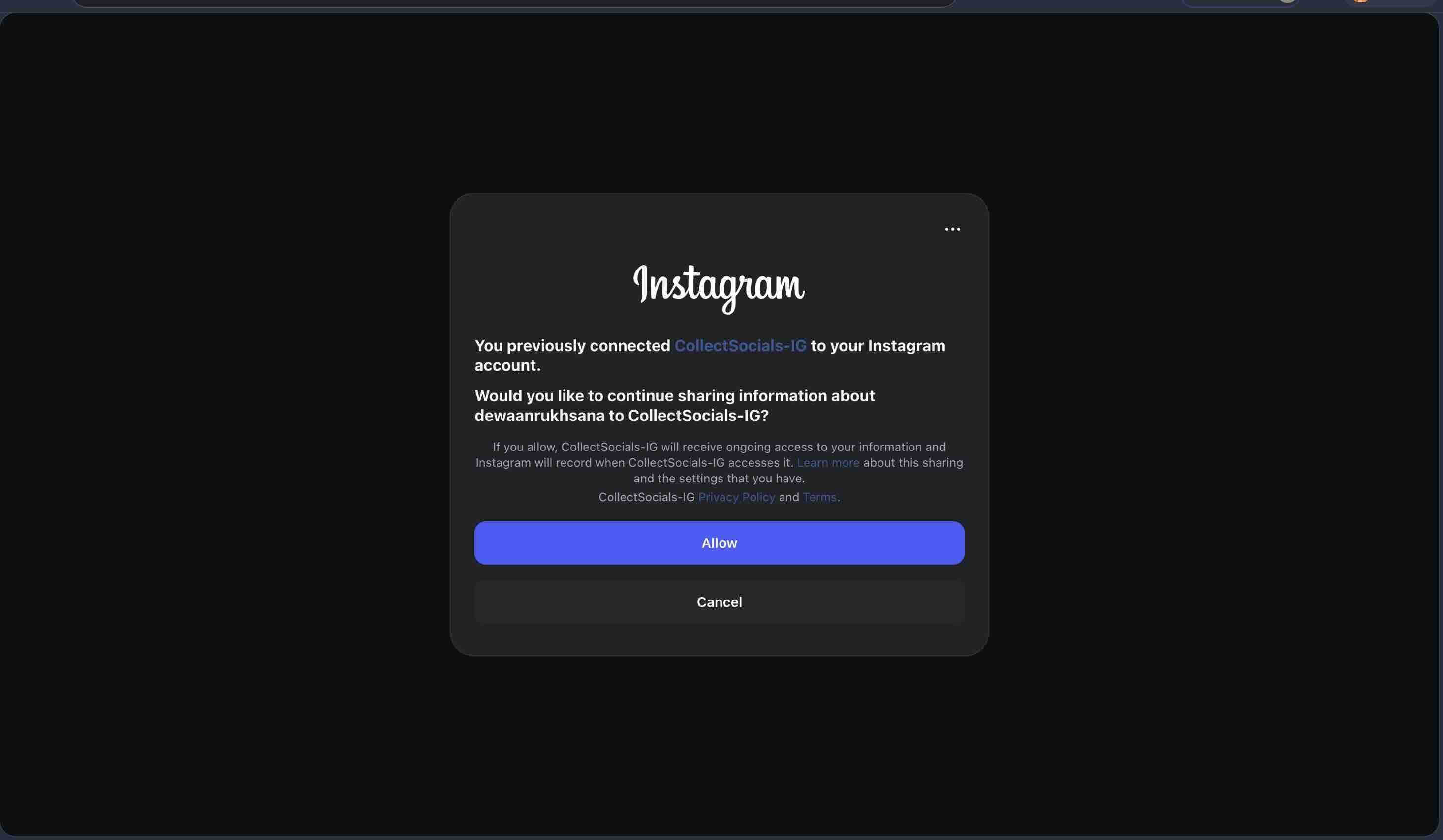 Instagram's own authorisation screen asking whether to continue sharing information about the connected account with CollectSocials-IG, with Allow and Cancel buttons