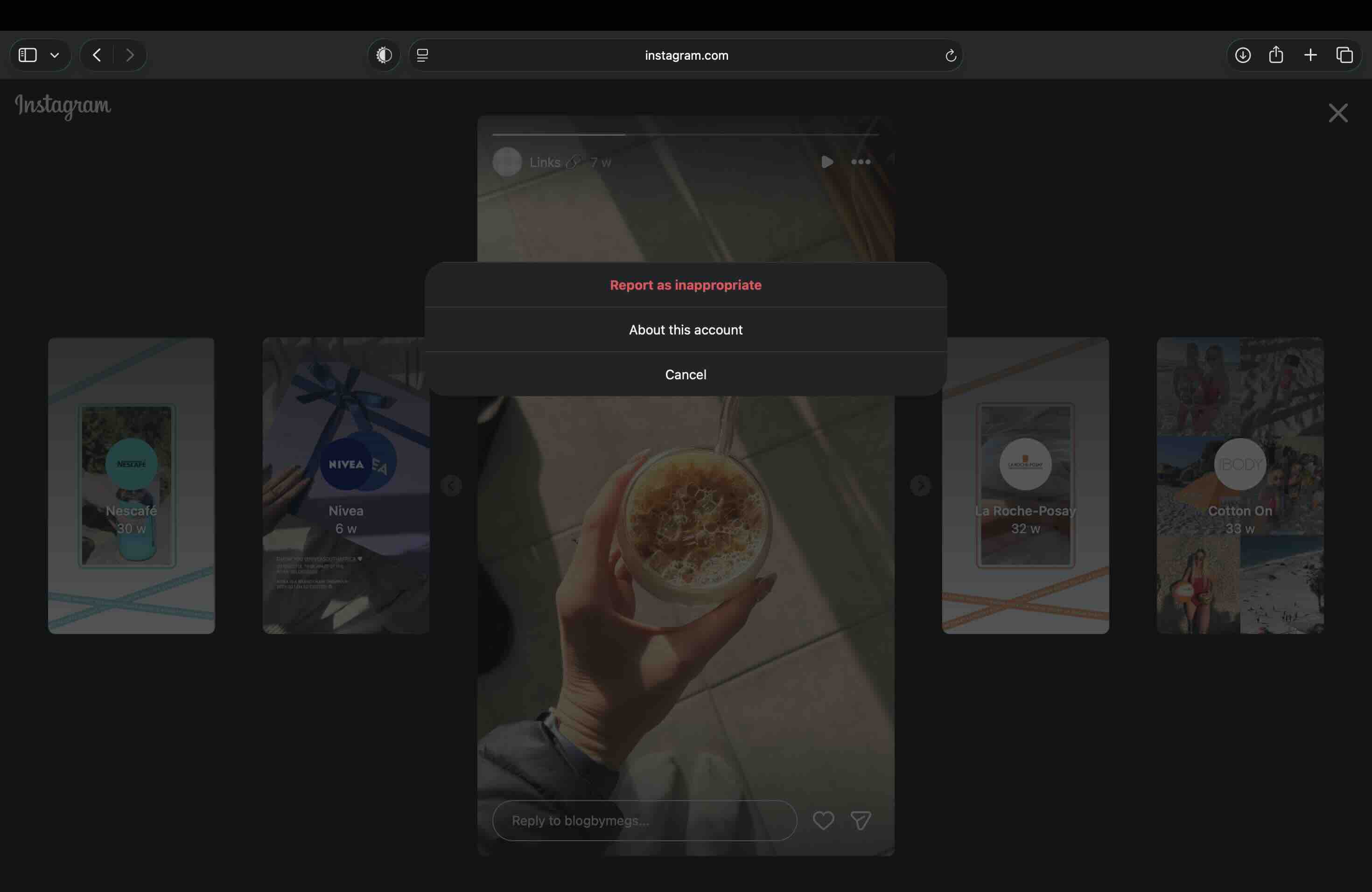 Instagram Stories overflow menu offering only Report as inappropriate, About this account and Cancel — no Embed entry