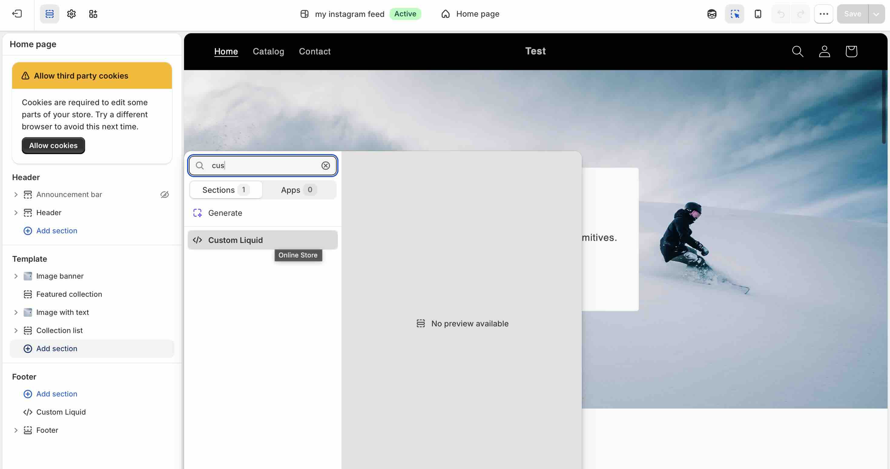 The Shopify theme editor Add section search filtered to "cus", returning Custom Liquid under Sections with no matching Apps