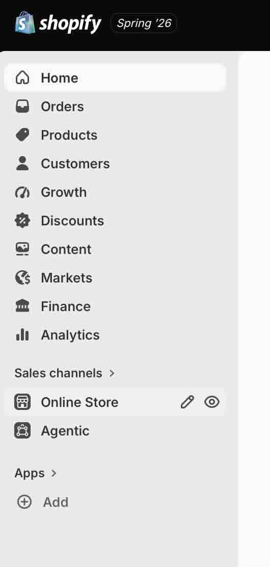 The Shopify admin sidebar with Online Store highlighted under Sales channels, below Home, Orders, Products, Customers, Growth, Discounts, Content, Markets, Finance and Analytics