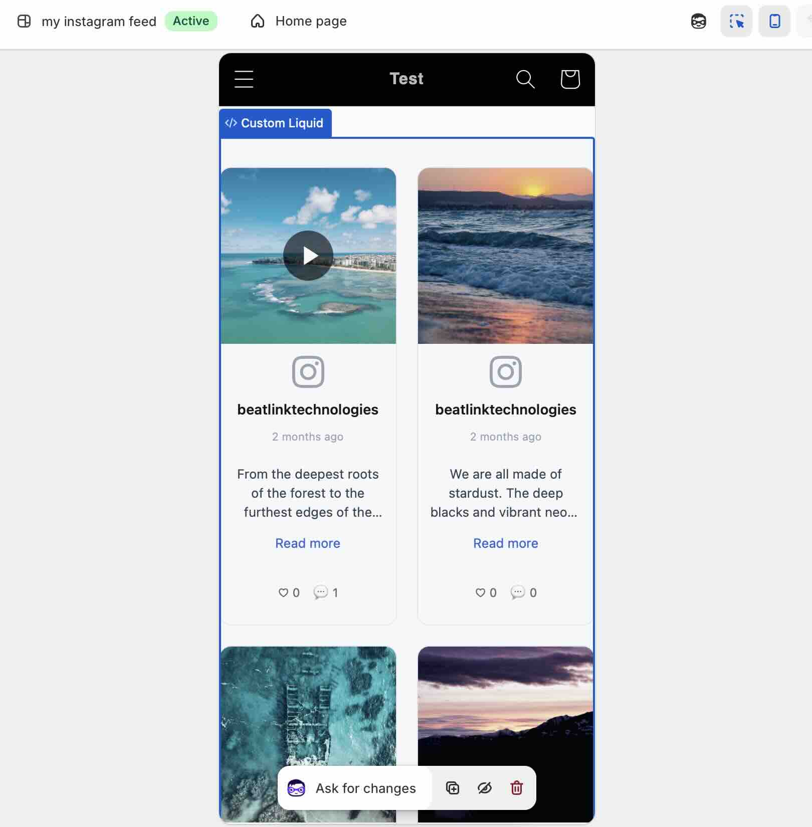 The Shopify theme editor mobile preview rendering the plain HTML embed snippet as a two-column grid of Instagram cards inside a Custom Liquid section, with no horizontal overflow