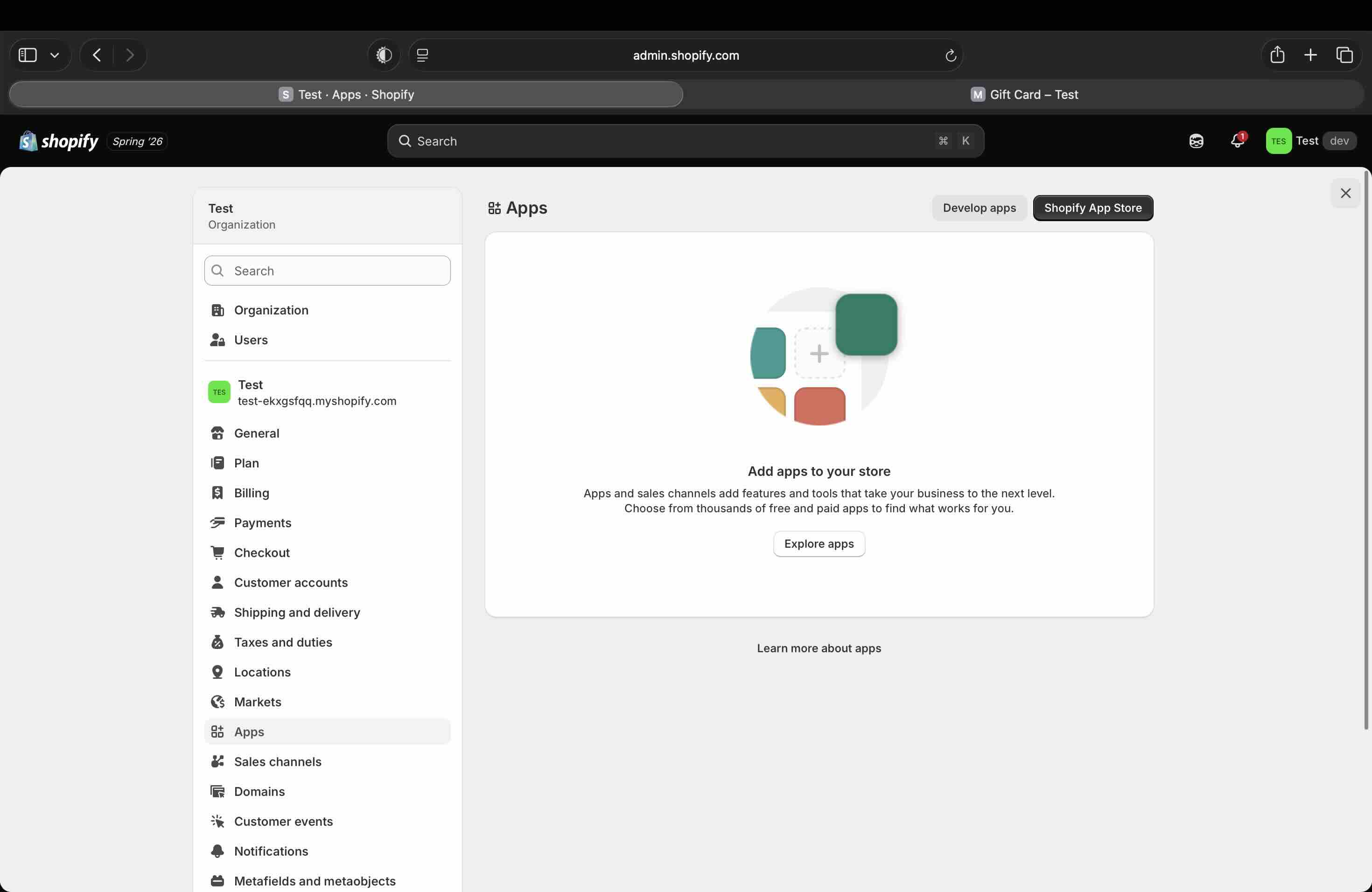 The Shopify admin Settings > Apps screen showing an empty app list with the "Add apps to your store" placeholder, while the feed is live on the storefront
