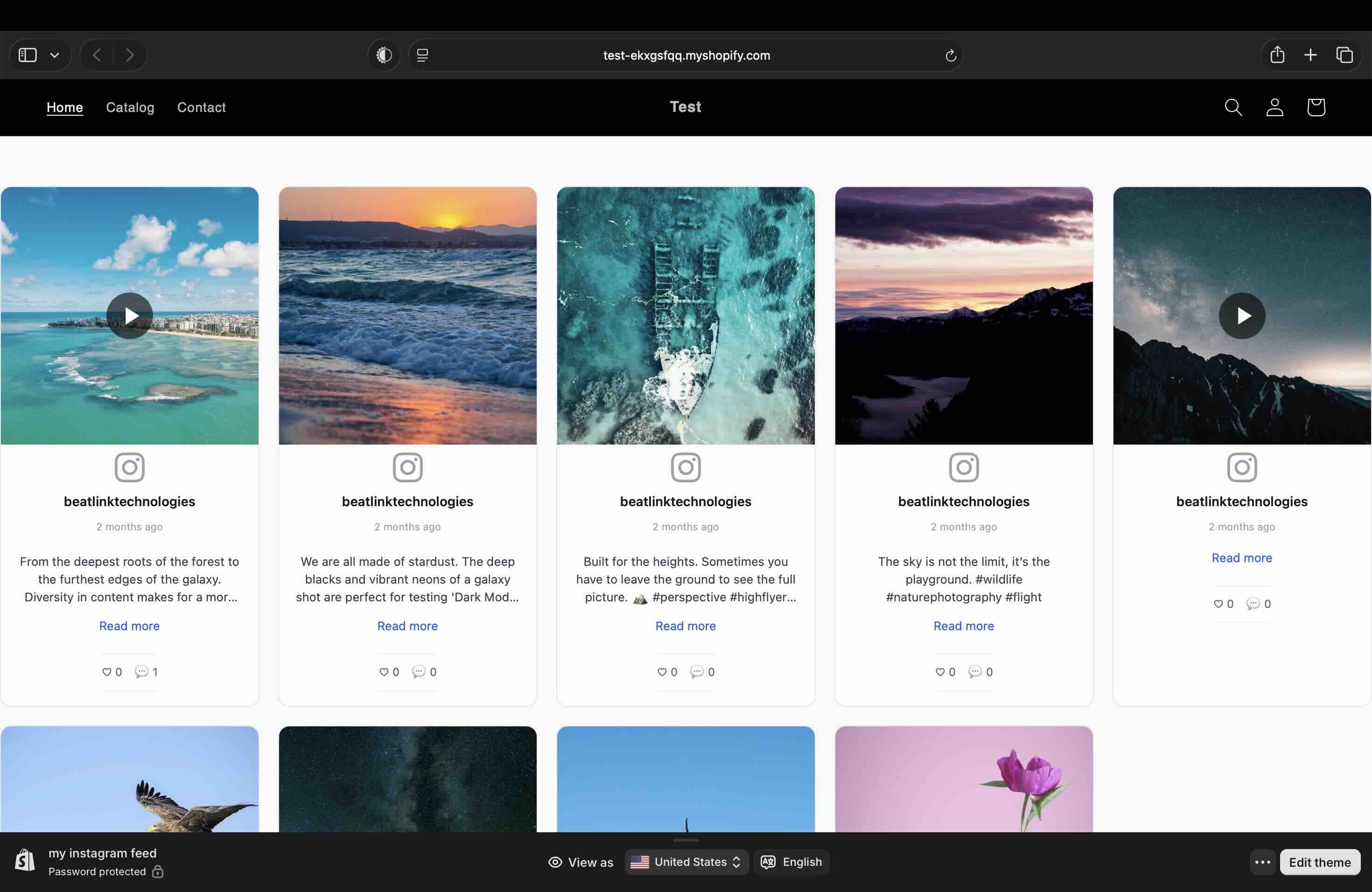 The published Shopify storefront rendering the plain HTML embed snippet, without the Shopify wrapper, as a full-width five-column grid of Instagram cards