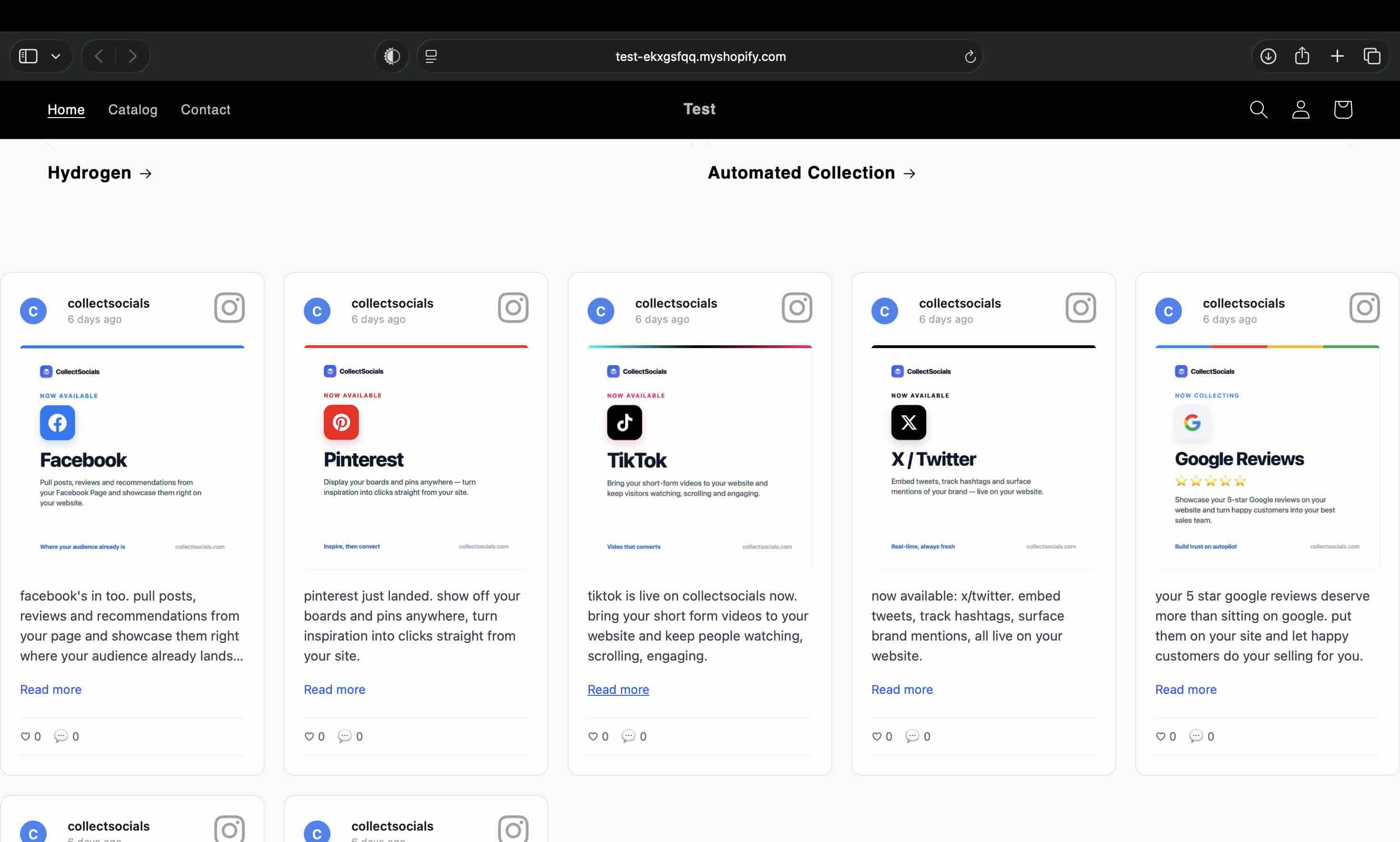 The published Shopify storefront rendering the CollectSocials Instagram feed as a grid of cards below the collection sections