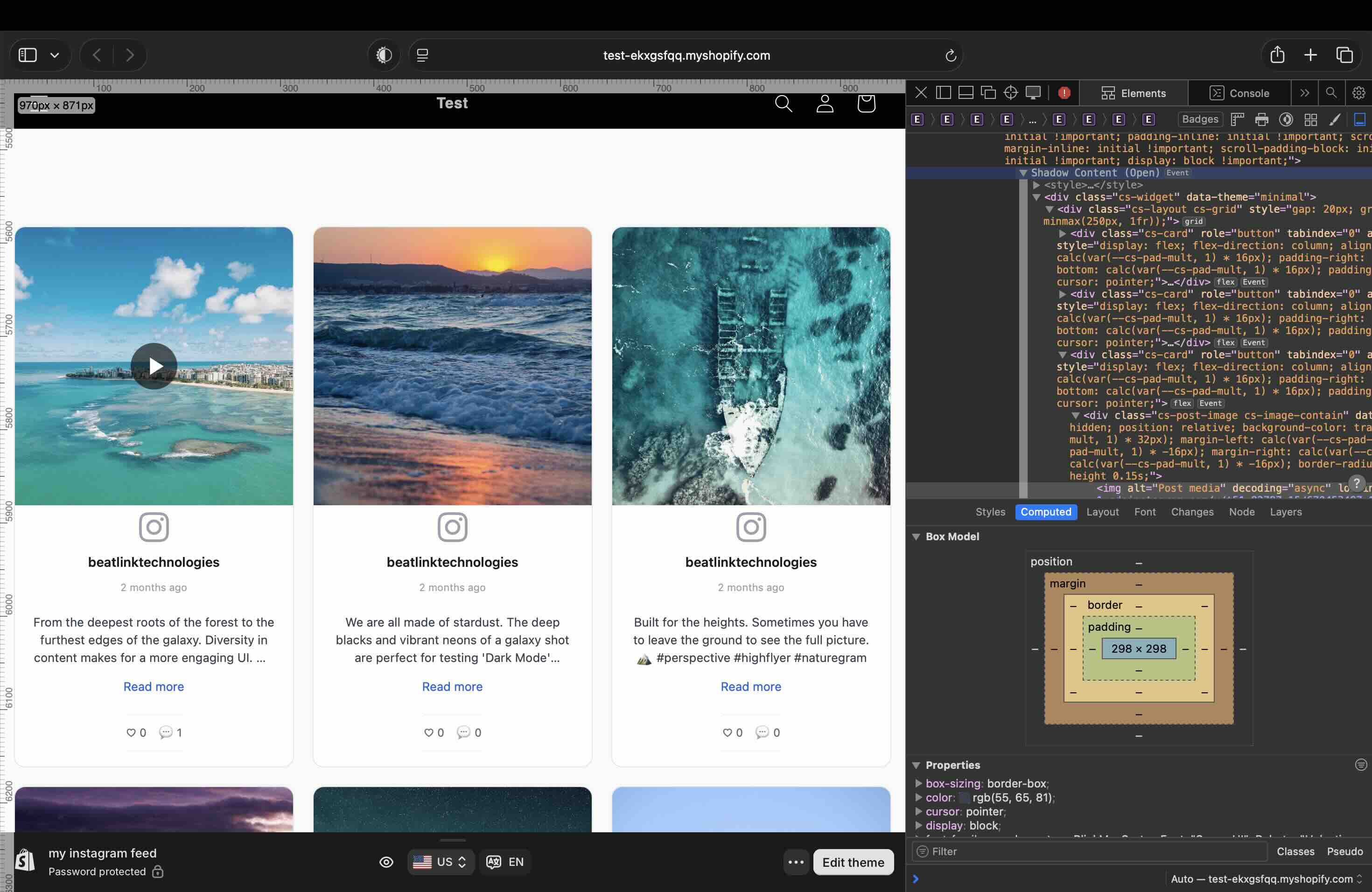Safari Web Inspector open on the published Shopify storefront, showing Shadow Content (Open) selected at the top of the widget subtree with the cs-widget div nested beneath it