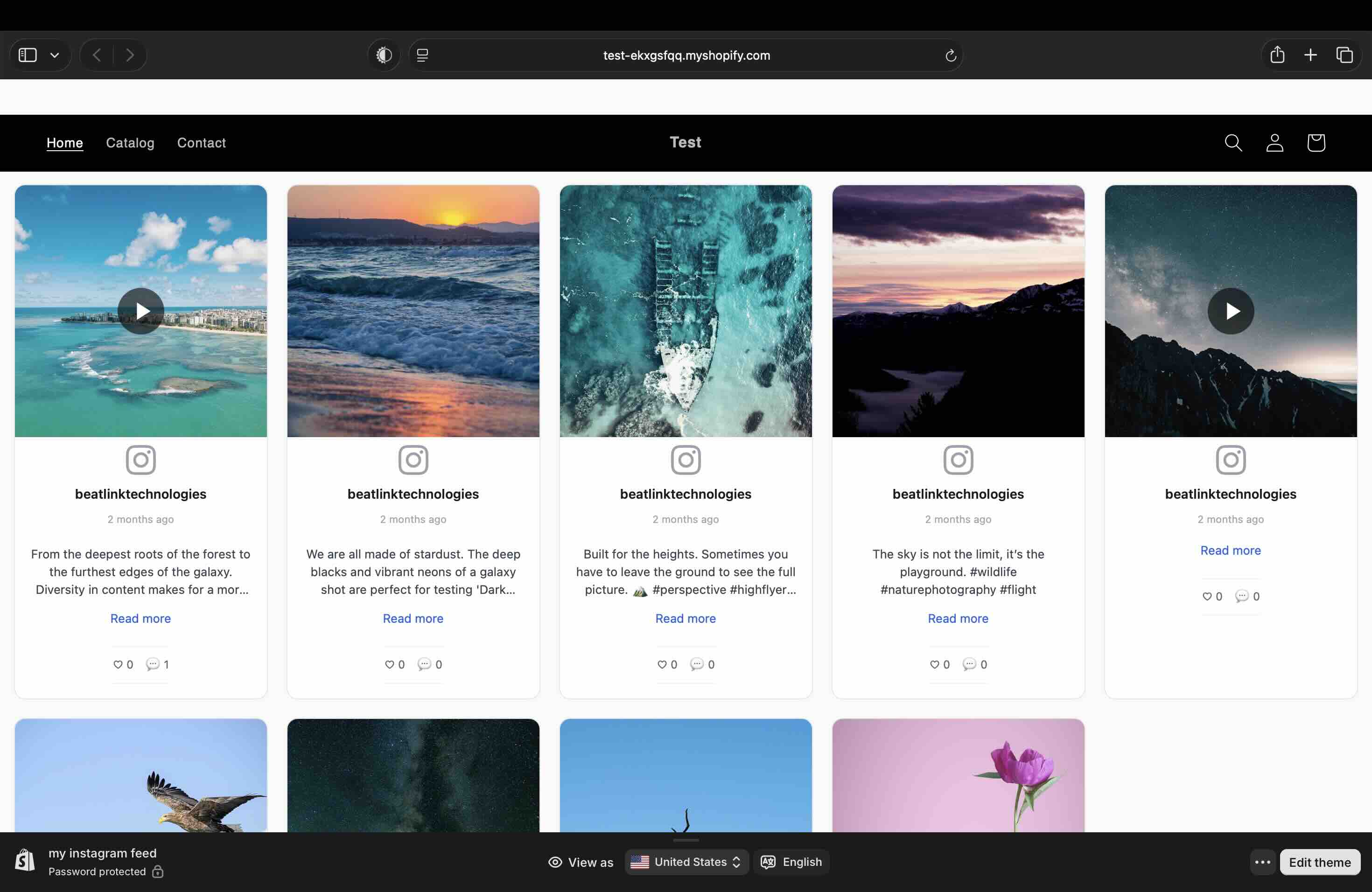 The published Shopify storefront rendering the Shopify-wrapped embed snippet as a five-column grid of Instagram cards, matching the bare-snippet version apart from the wrapper's own side margins