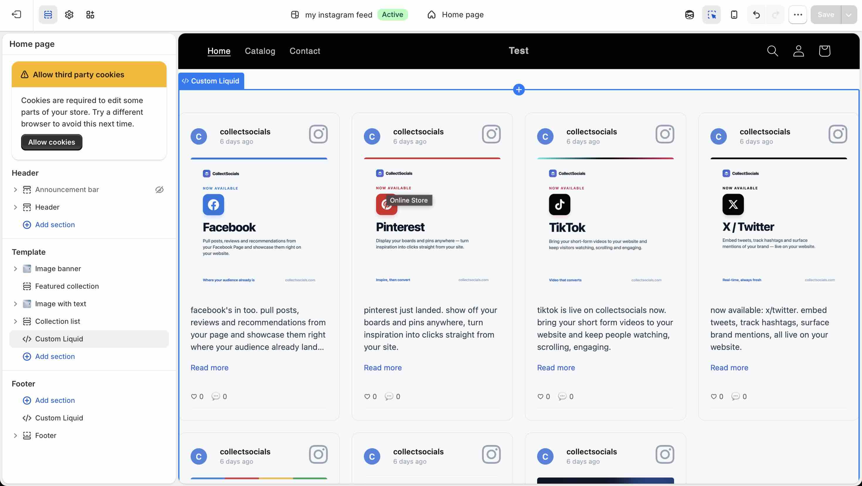 The CollectSocials feed rendering as a full grid of Instagram cards inside the Shopify theme editor preview, with Custom Liquid selected in the Template list