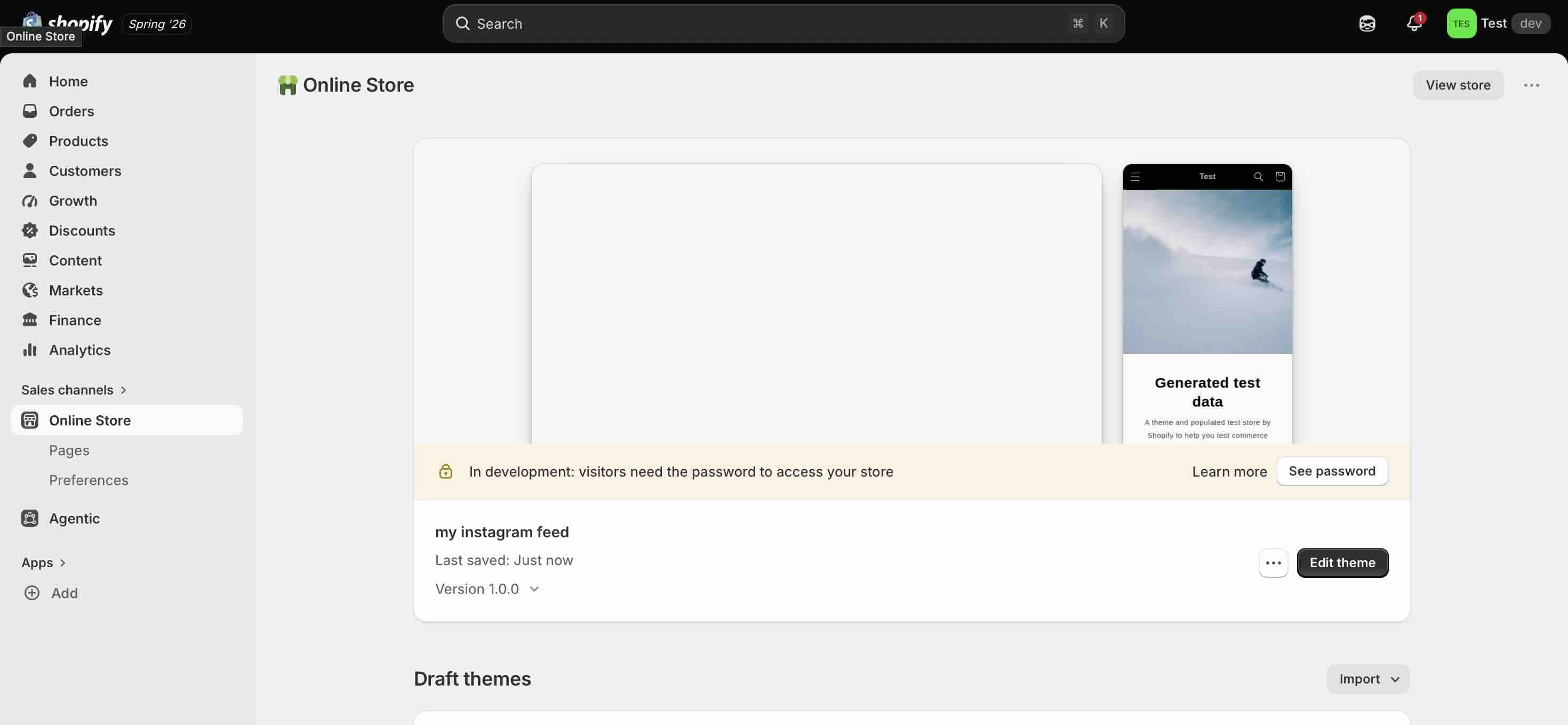 The Shopify Online Store themes page showing the live theme with an Edit theme button, above a Draft themes section