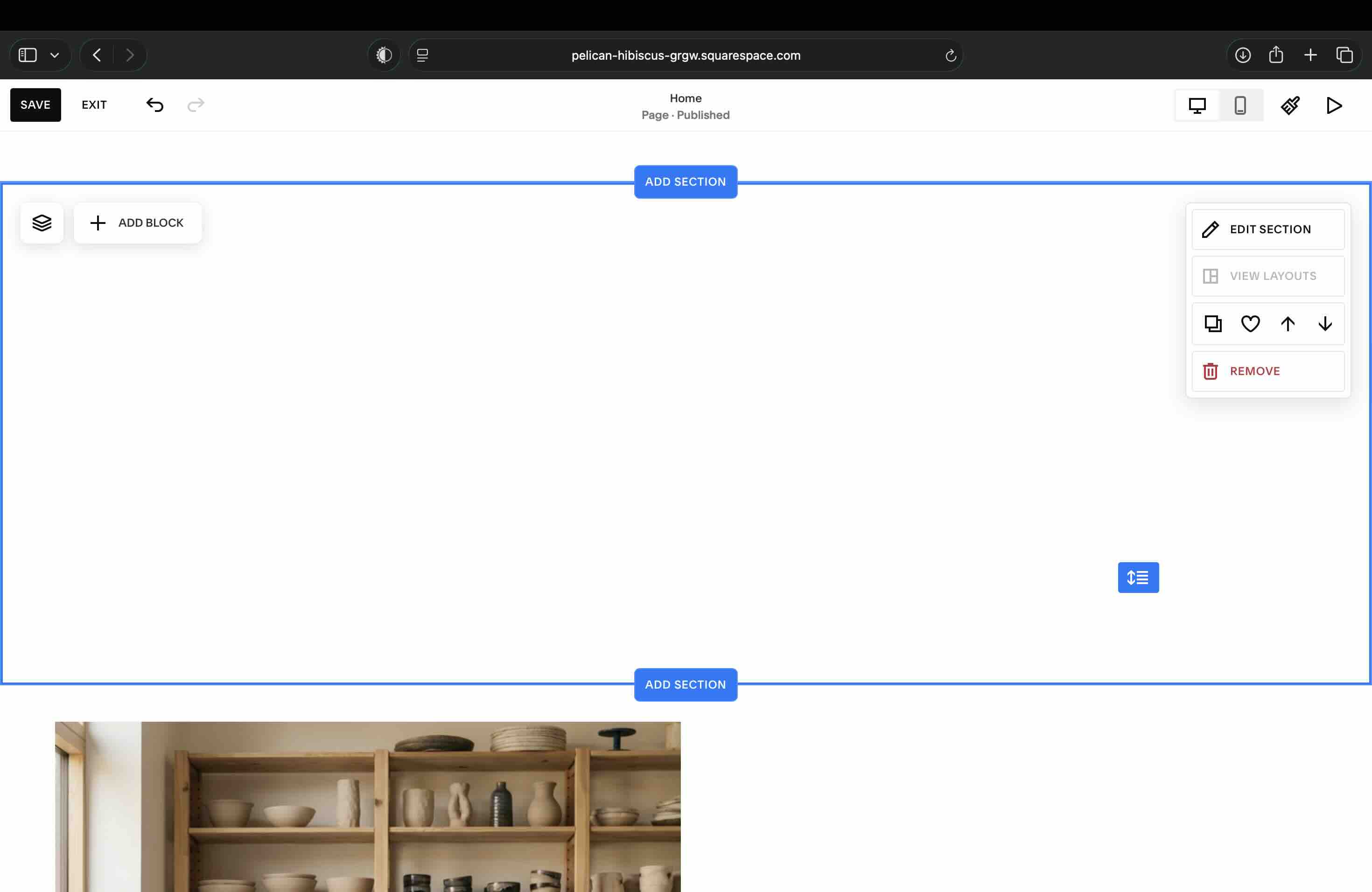 A Squarespace page section selected in the editor with the Add Block button and the section controls Edit Section, View Layouts and Remove