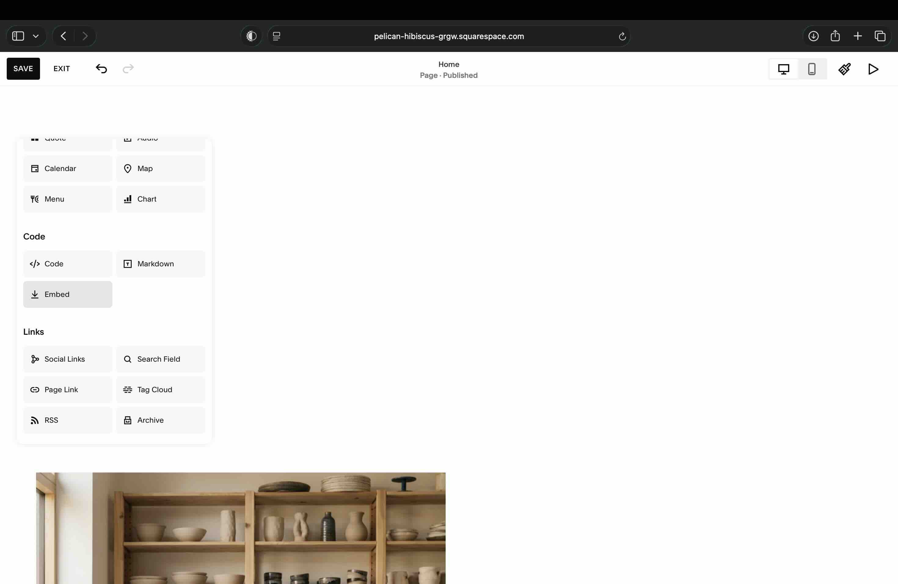 Squarespace's block menu scrolled to the Code group, offering Code, Markdown and Embed above a Links group