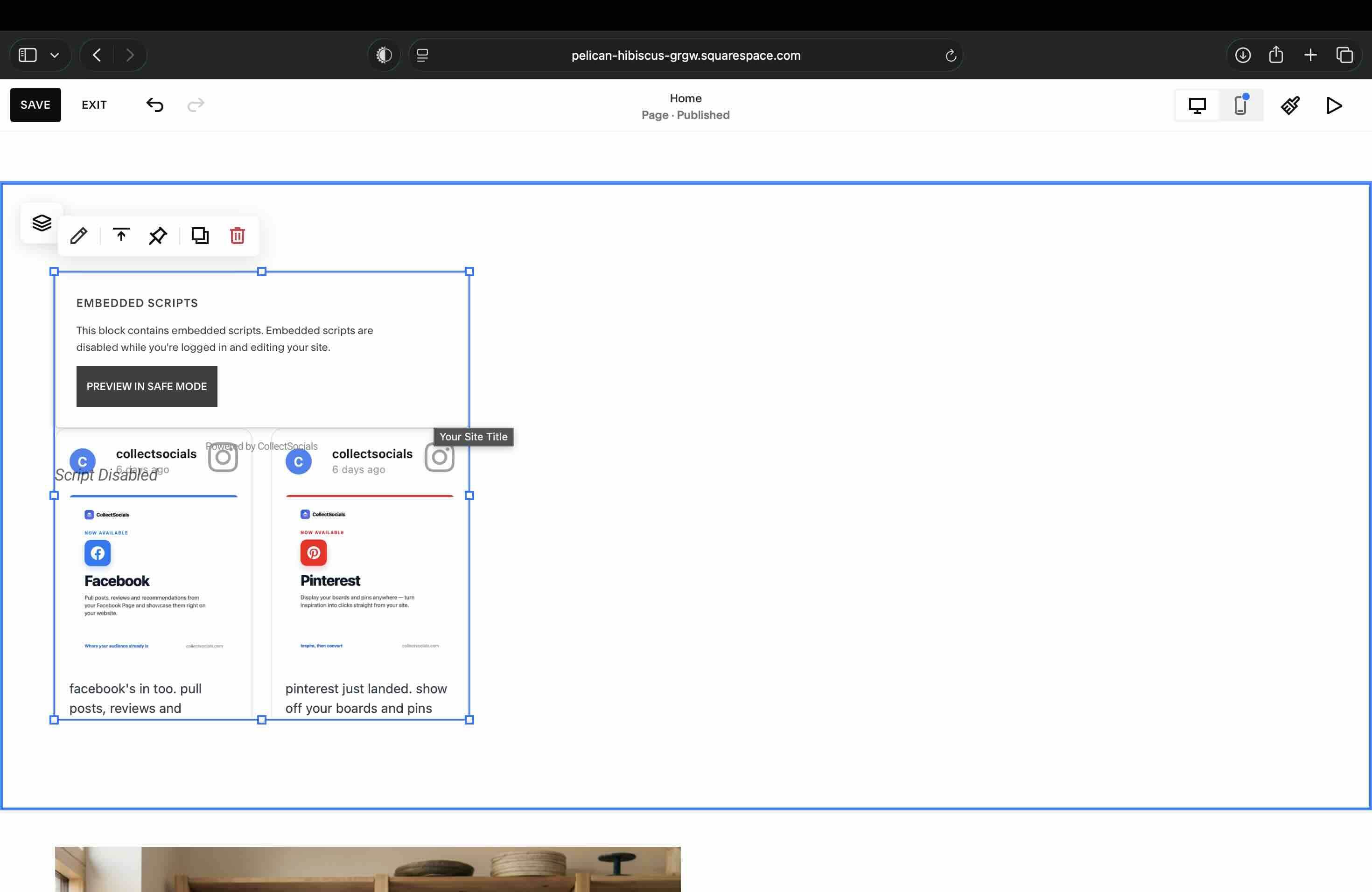 Squarespace showing "This block contains embedded scripts. Embedded scripts are disabled while you're logged in and editing your site" with a Preview in Safe Mode button, above a clipped, overlapping render of the feed marked Script Disabled