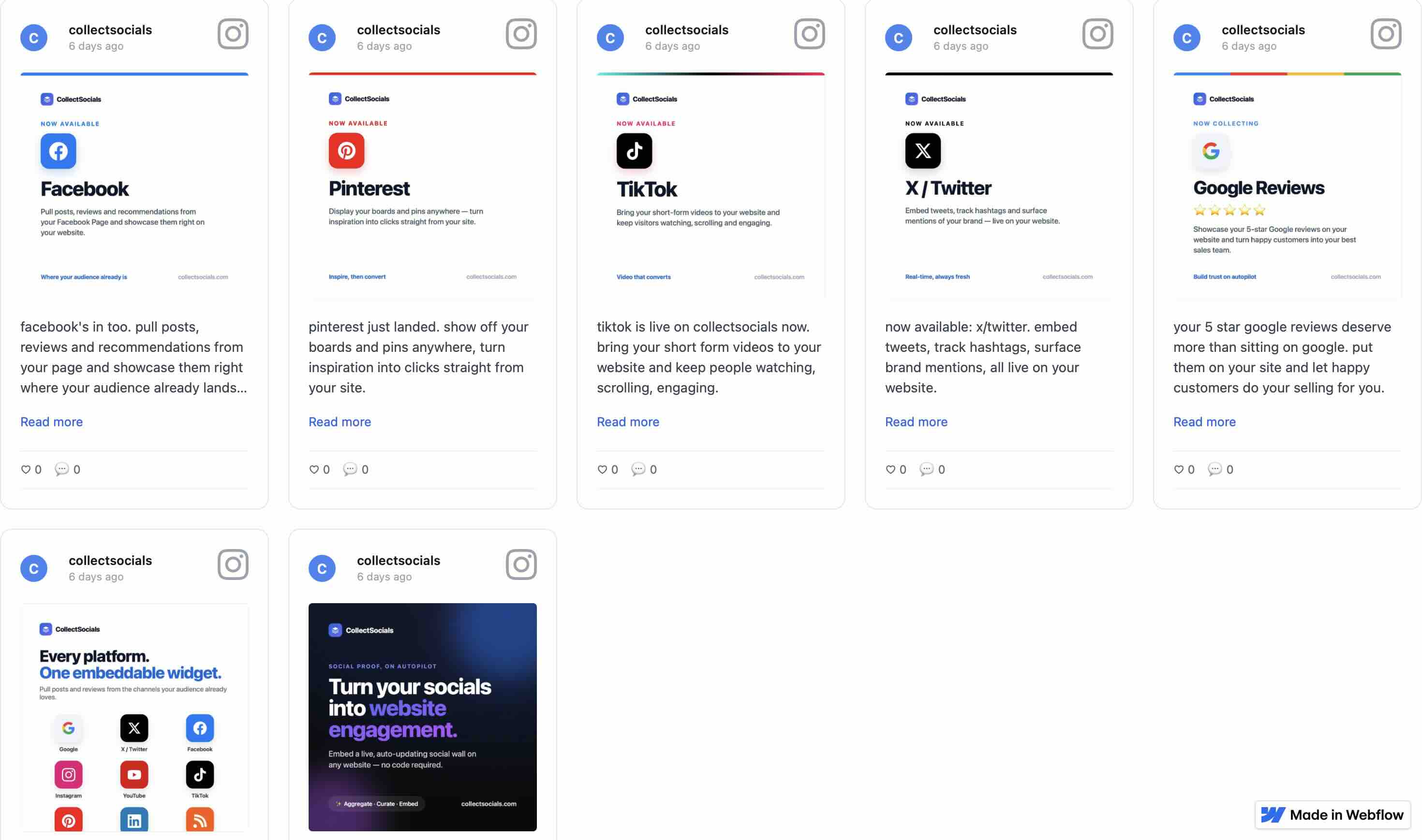 A published Webflow site rendering the CollectSocials Instagram feed as a seven-card grid, with the Made in Webflow badge in the corner