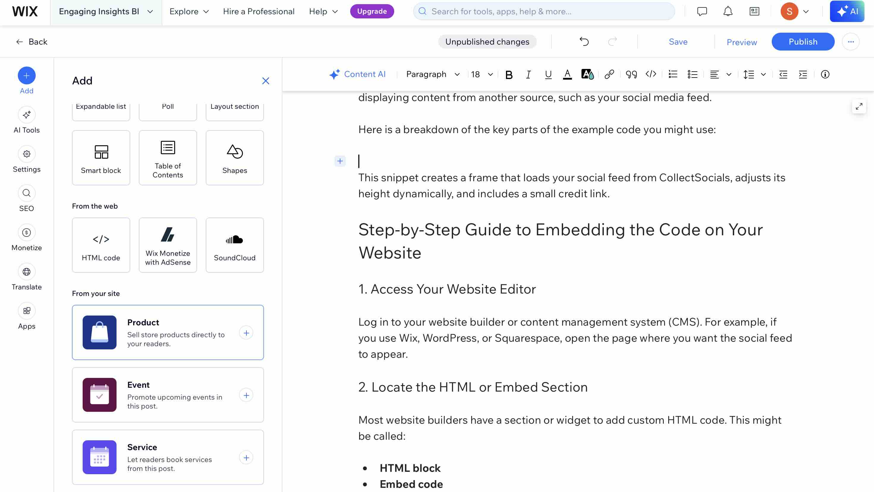 The Wix editor Add panel open on the "From the web" group, offering HTML code alongside Wix Monetize with AdSense and SoundCloud