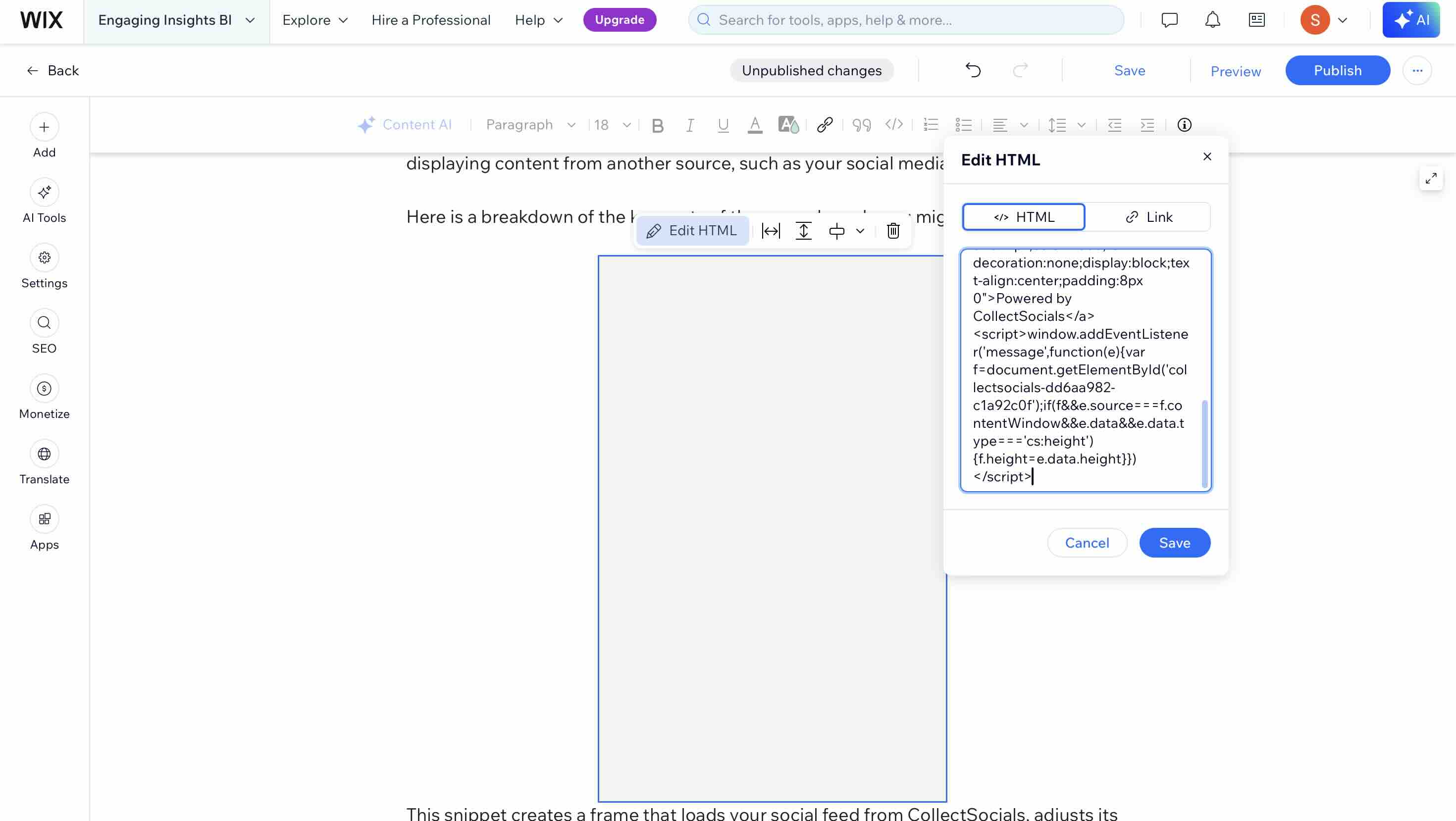Wix's Edit HTML dialog with the CollectSocials iframe snippet pasted in, showing the Powered by CollectSocials credit link and the auto-height message listener