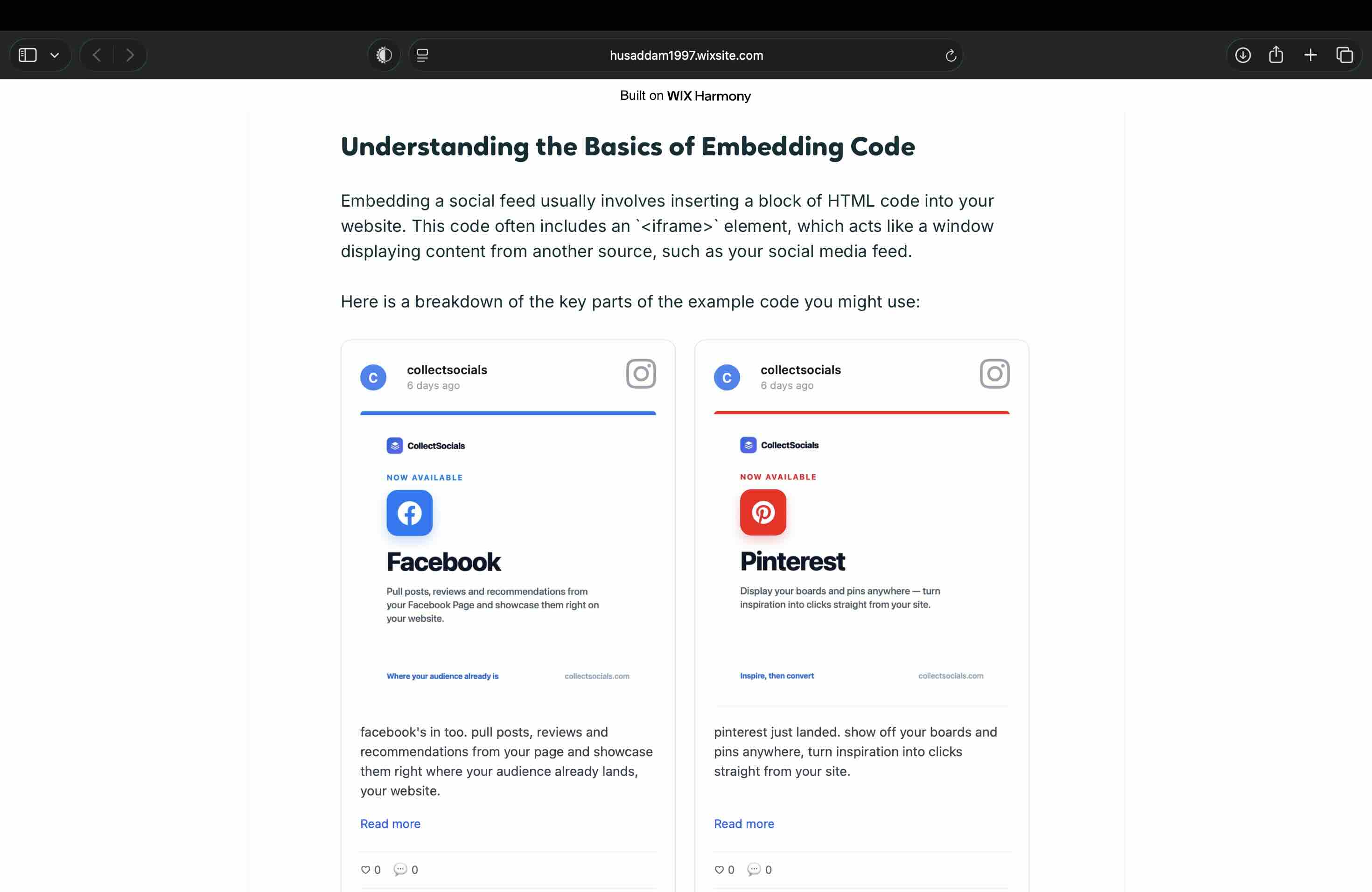 A published Wix blog post rendering the CollectSocials Instagram feed as two post cards below the article text