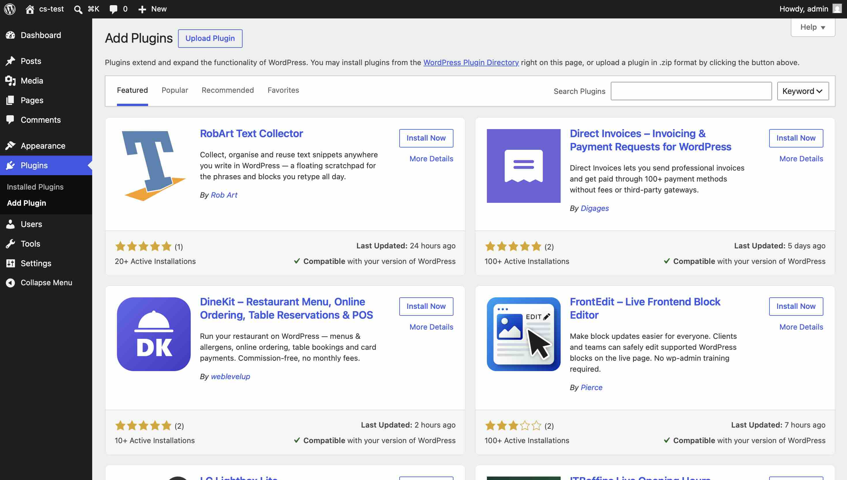 WordPress Add Plugins screen with the Upload Plugin button beside the heading and the featured plugin directory below
