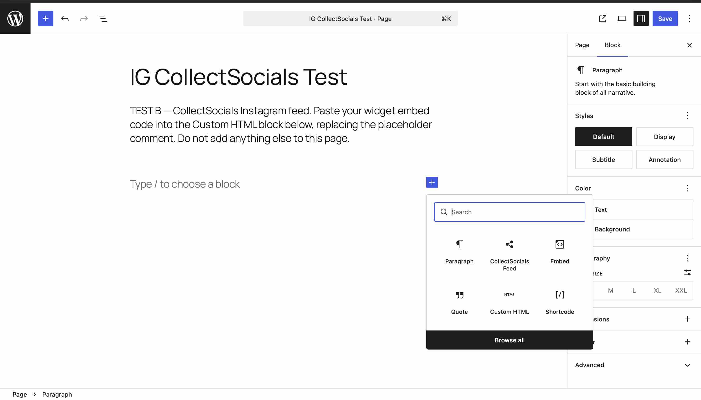 WordPressのブロック挿入メニュー。段落、CollectSocials Feed、埋め込み、引用、カスタムHTML、ショートコードが並び、CollectSocials Feedがブロックとして選べる状態になっている
