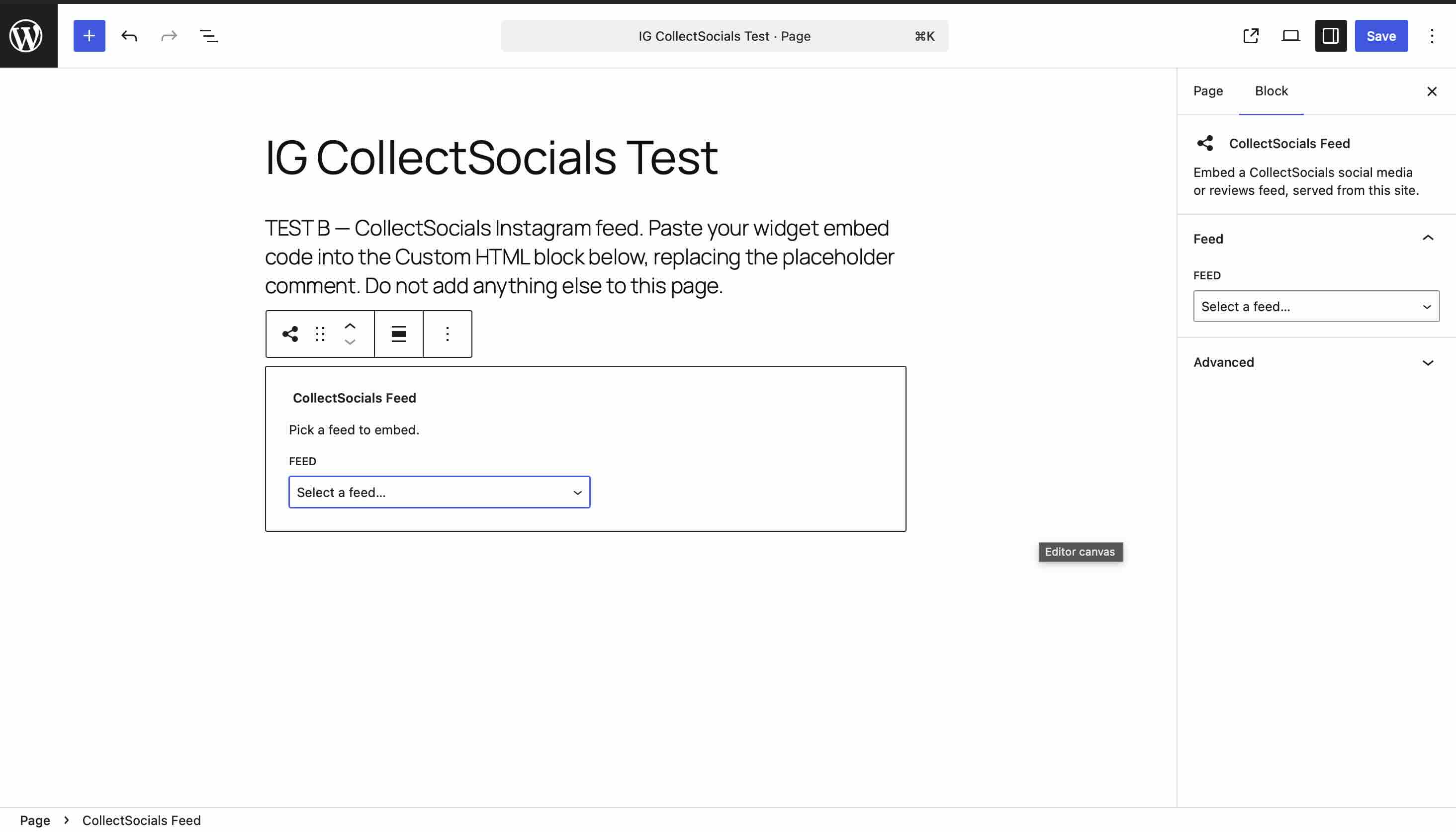 The CollectSocials Feed block placed on a page with a Pick a feed to embed dropdown, and the block's Feed panel open in the sidebar