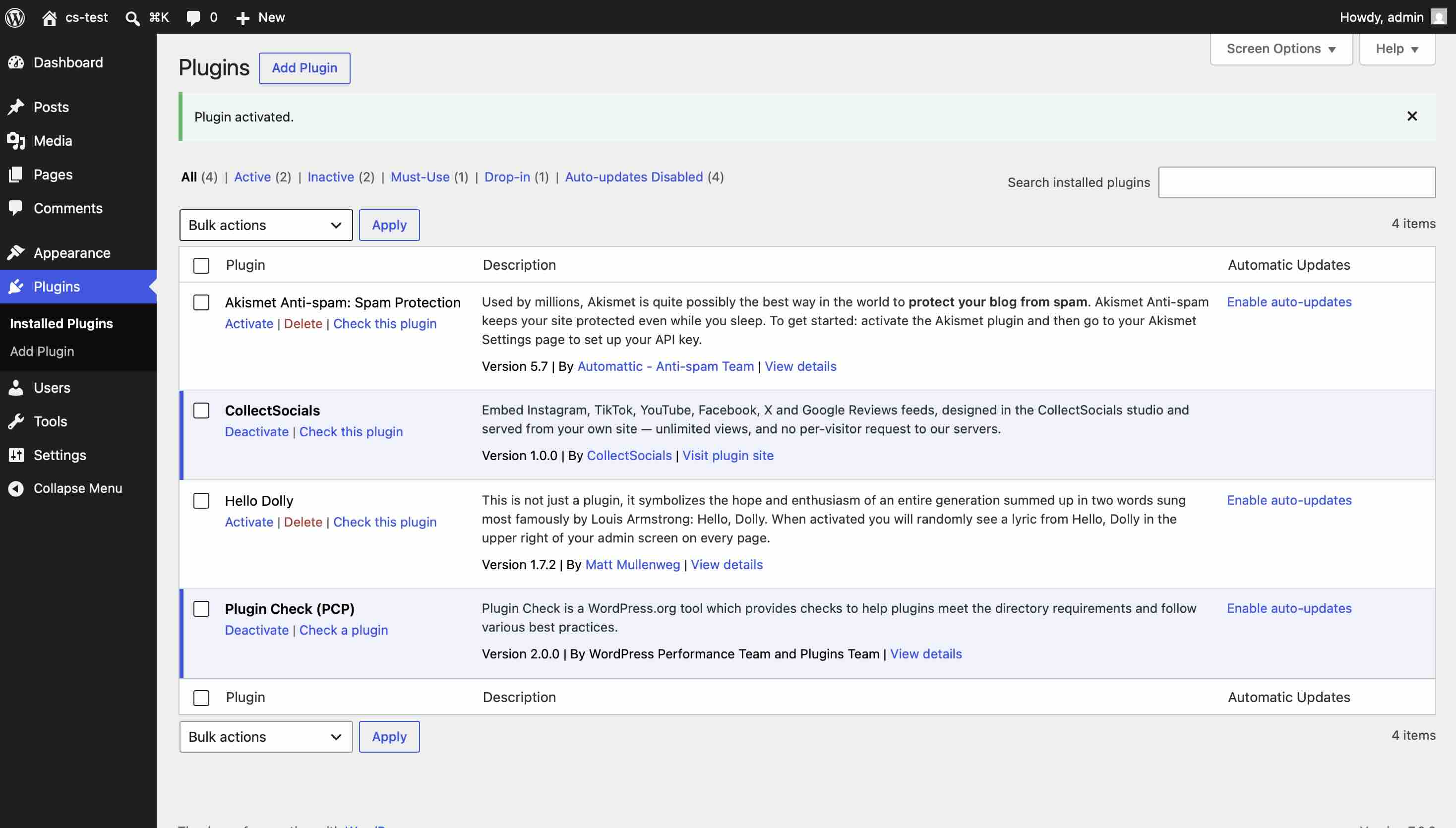 WordPress Plugins list showing "Plugin activated." and CollectSocials 1.0.0 listed as active