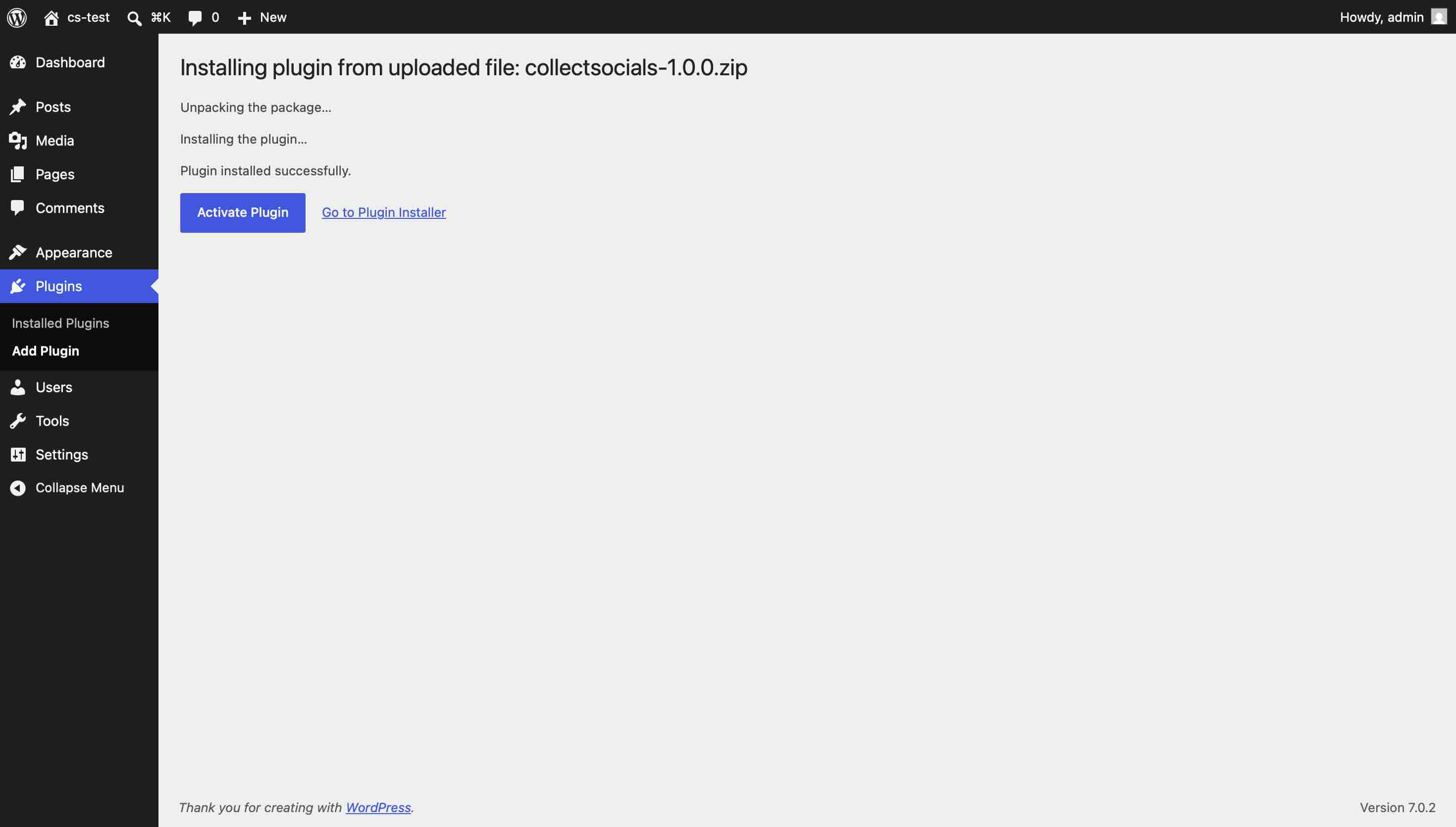 WordPress reporting "Plugin installed successfully" after unpacking collectsocials-1.0.0.zip, with an Activate Plugin button