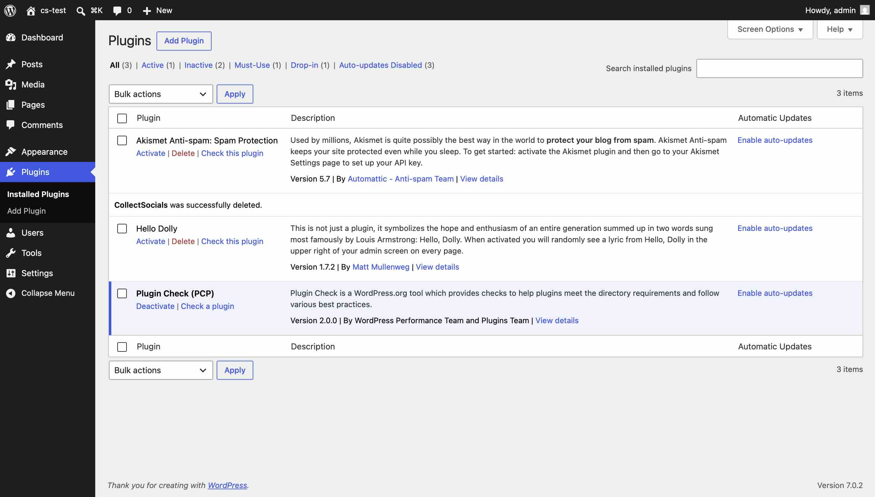 WordPress Plugins list after removal, showing the notice "CollectSocials was successfully deleted."