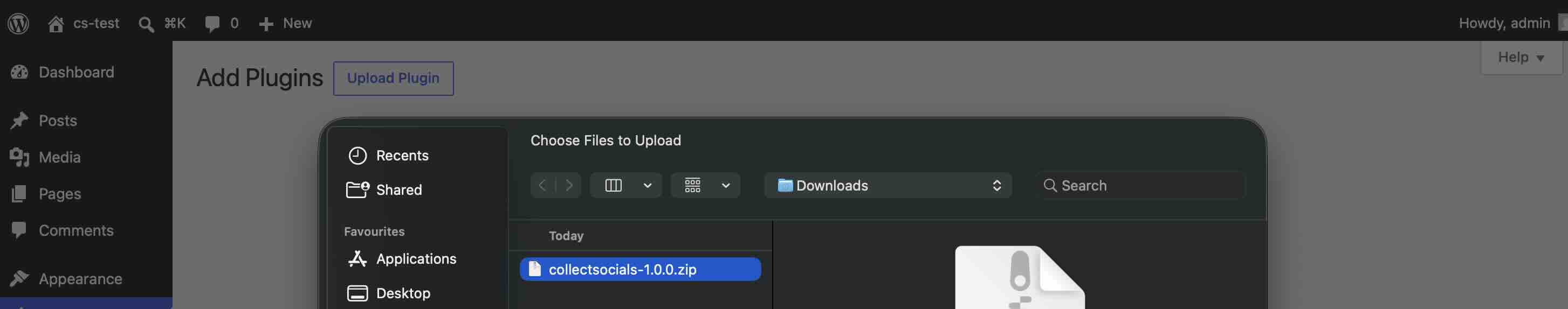 macOS file picker with collectsocials-1.0.0.zip selected in the Downloads folder