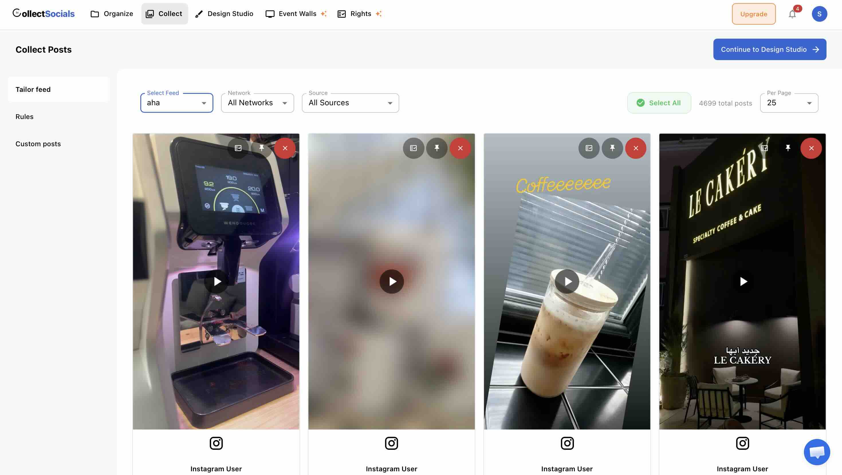 CollectSocials Collect Posts page showing an imported Instagram feed in a grid, with per-post keep, pin and remove controls, a Select All option and a Continue to Design Studio button