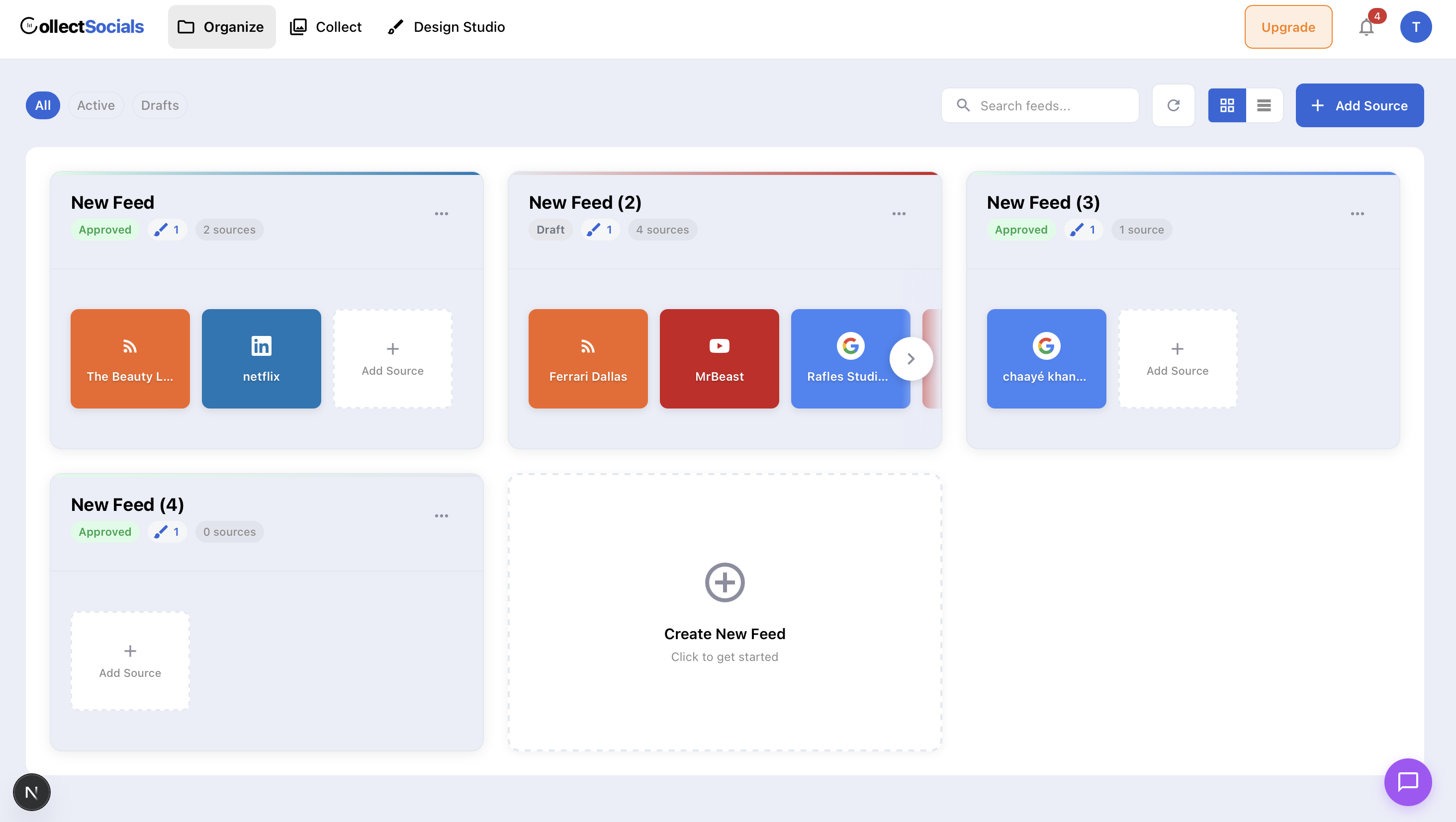 CollectSocials dashboard showing unified source and feed management