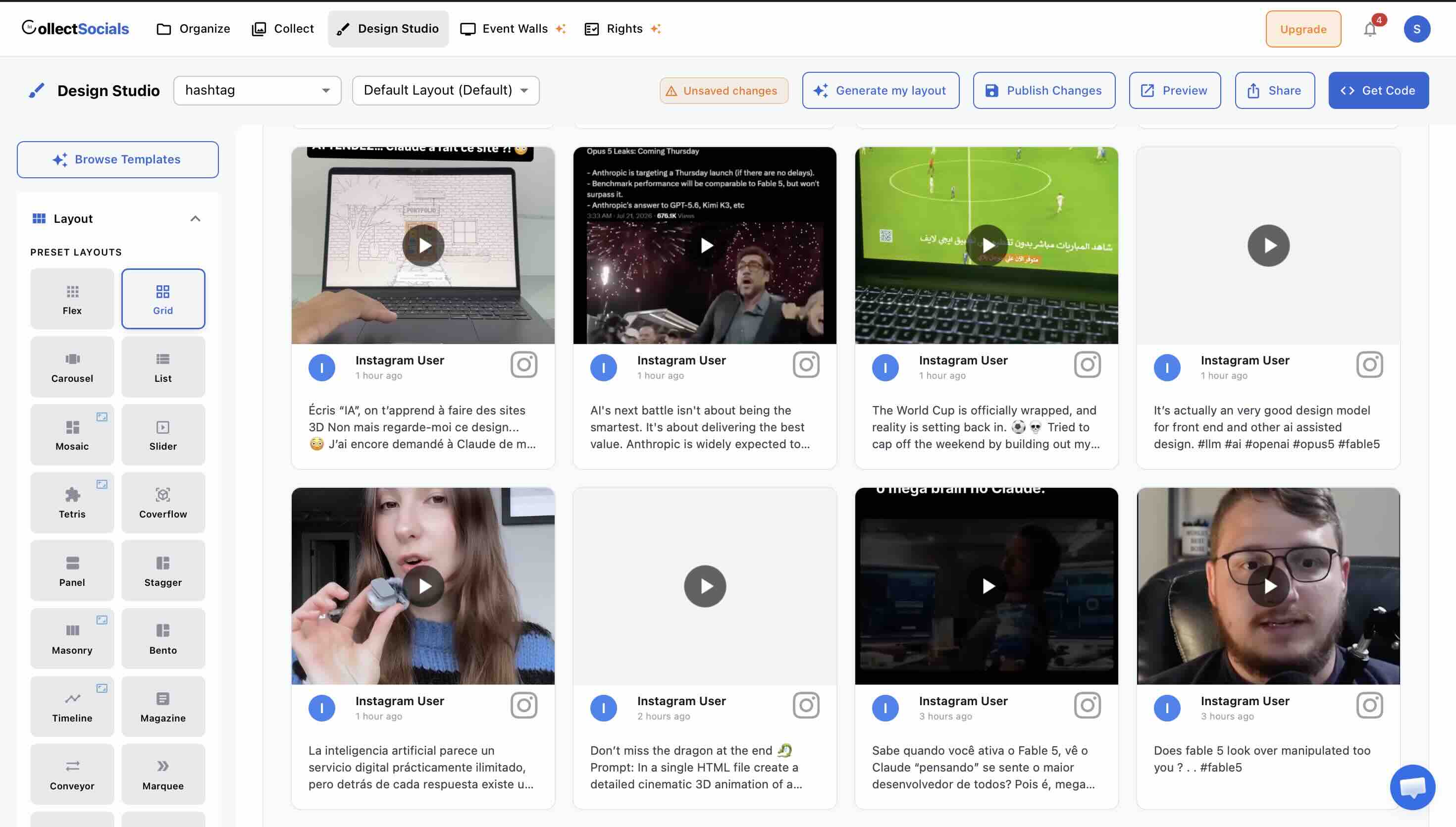 CollectSocials design studio showing multiple layout and theme options