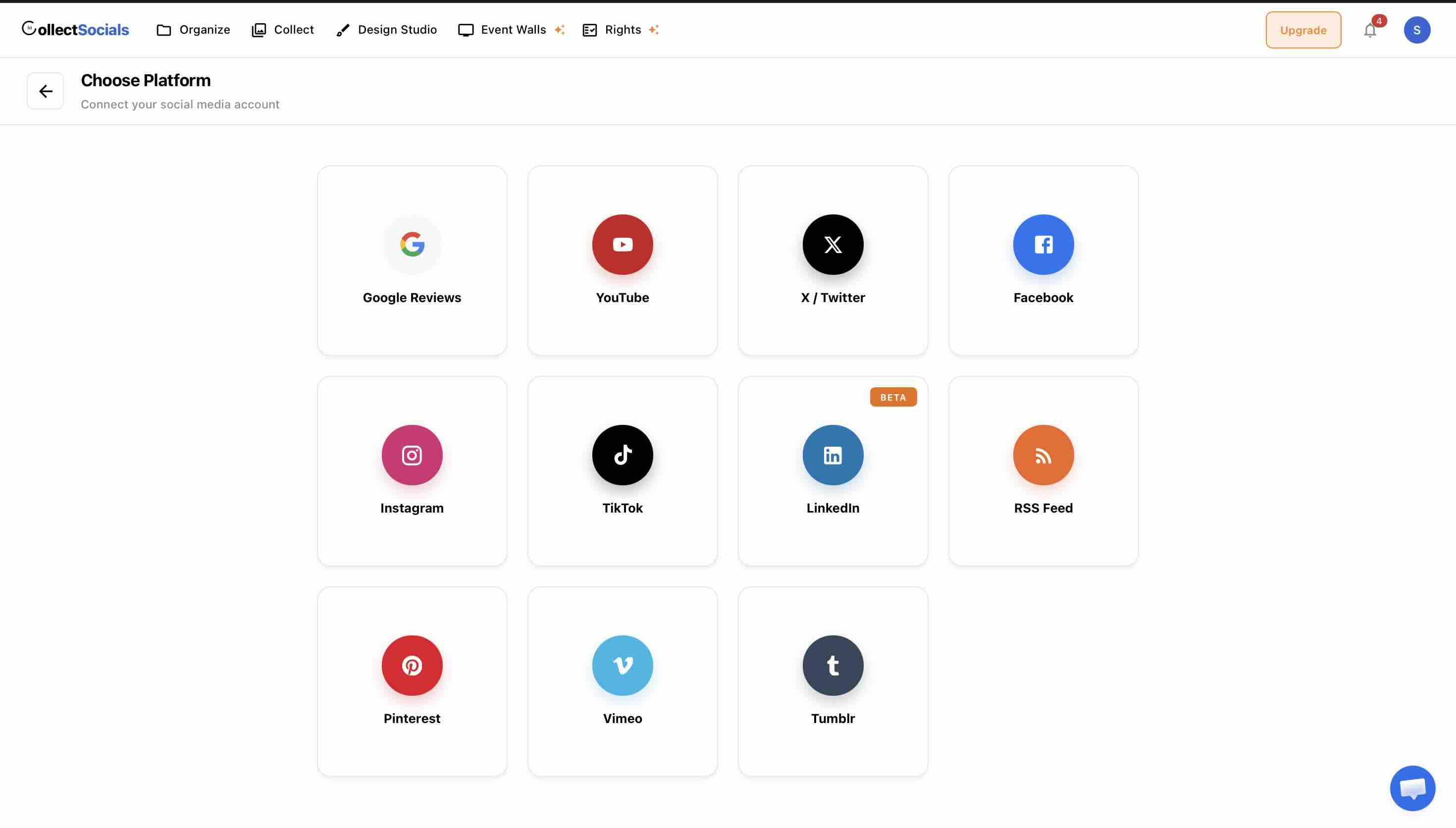 CollectSocials source connection interface for Instagram