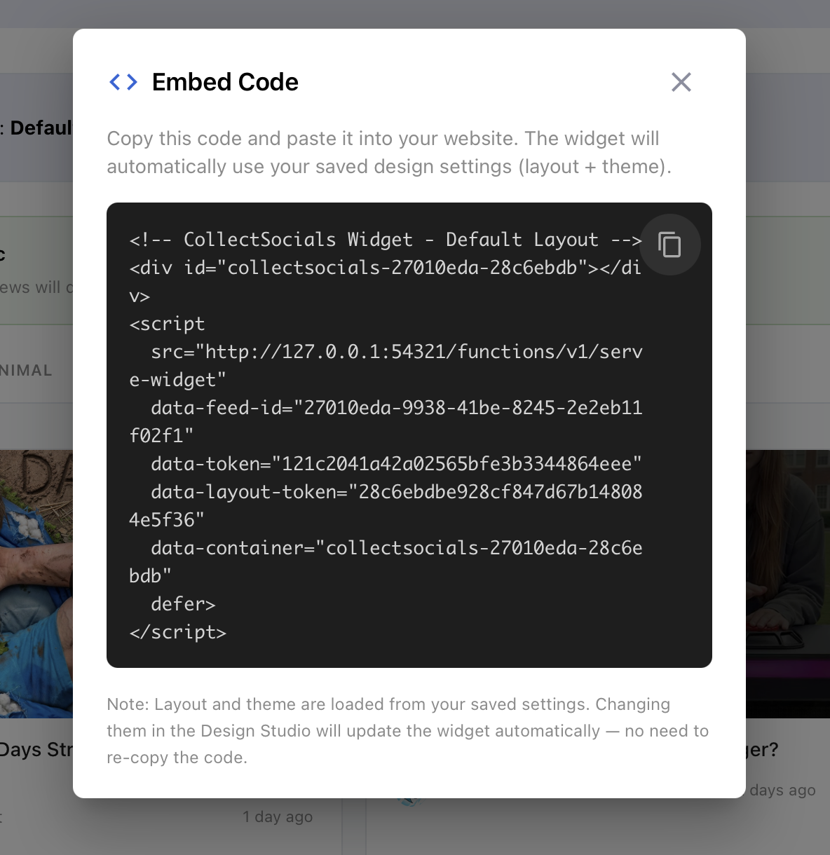 CollectSocials embed code modal showing generated script tag