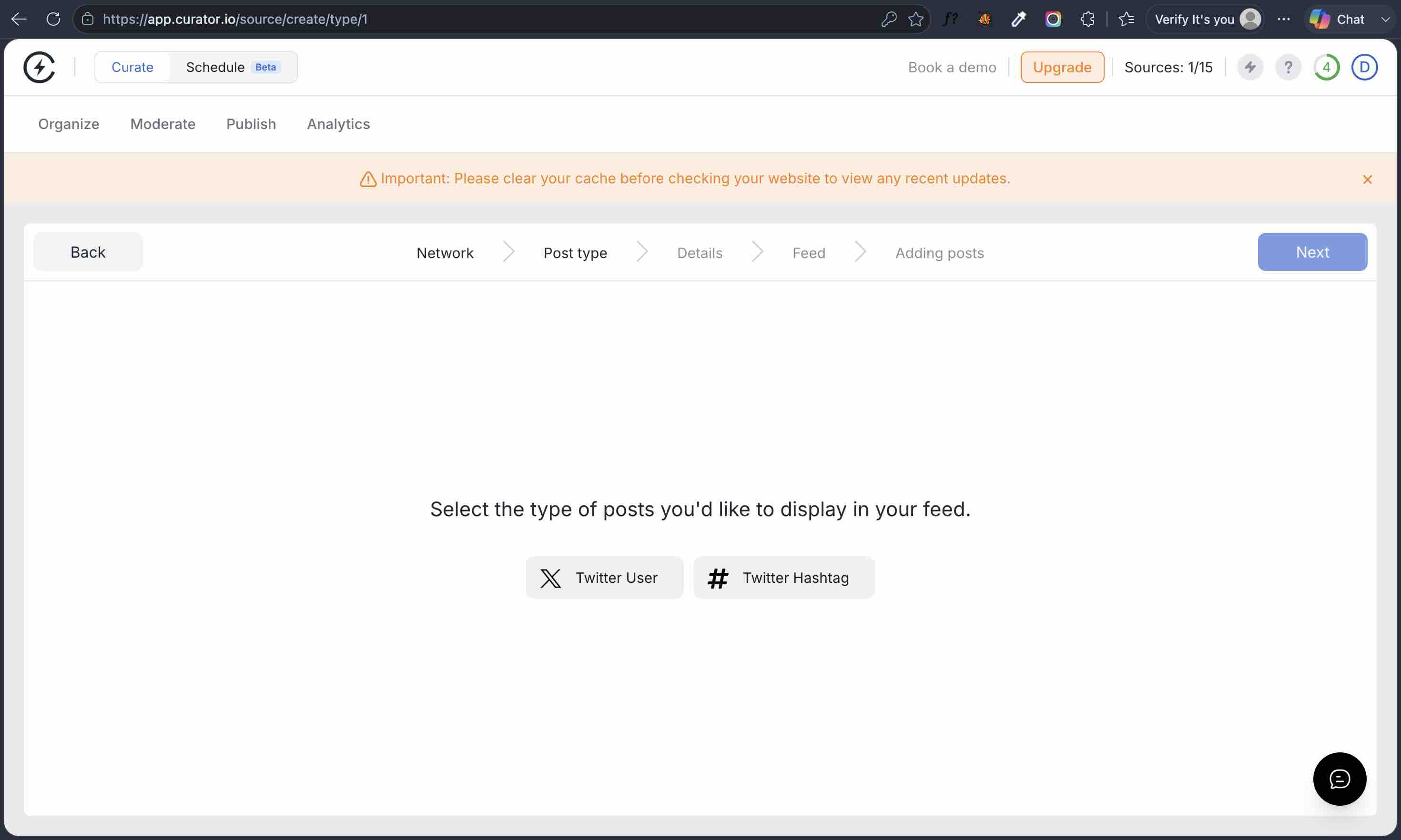 Curator.io source creation wizard at the Post type step, offering two options: Twitter User and Twitter Hashtag