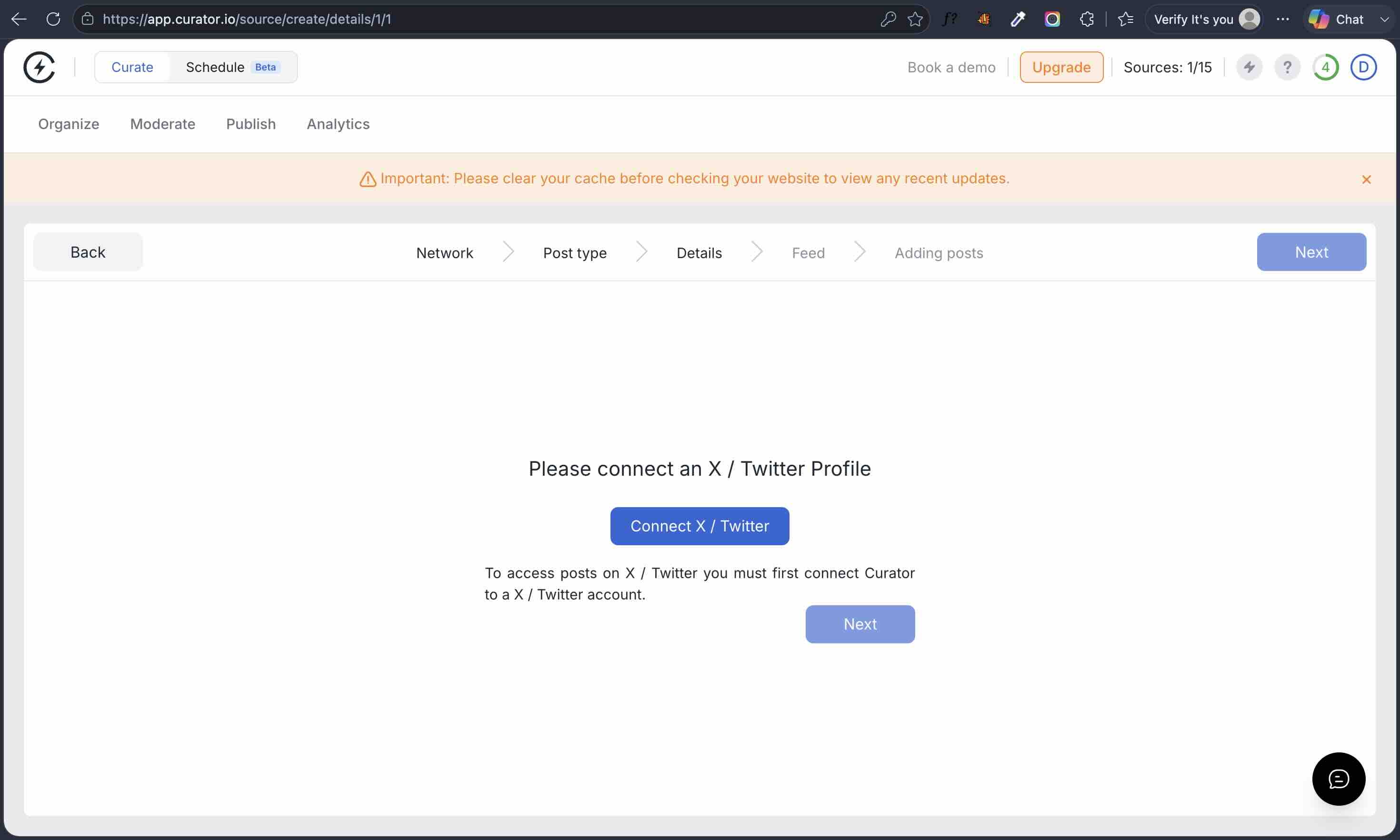 Curator.io showing a Please connect an X / Twitter Profile gate with a Connect X / Twitter button, blocking the Details step of source creation
