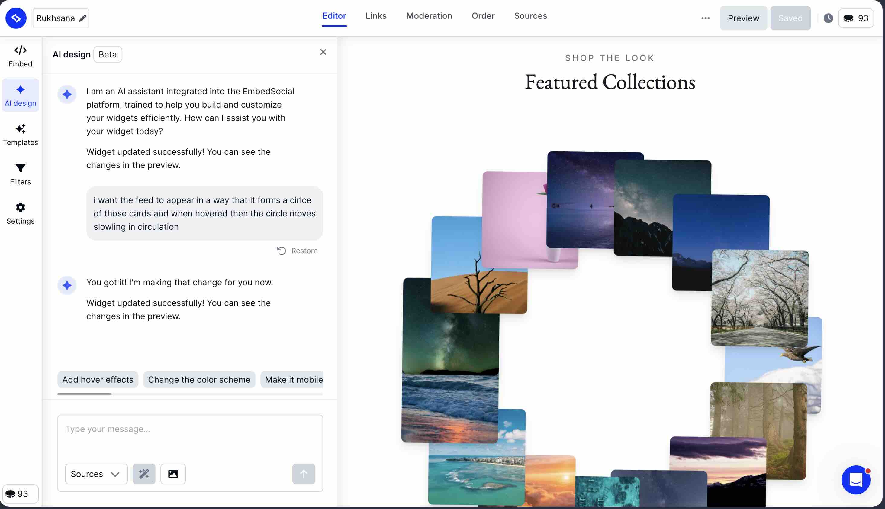 EmbedSocial AI design interface showing chat-based widget customization with real-time preview