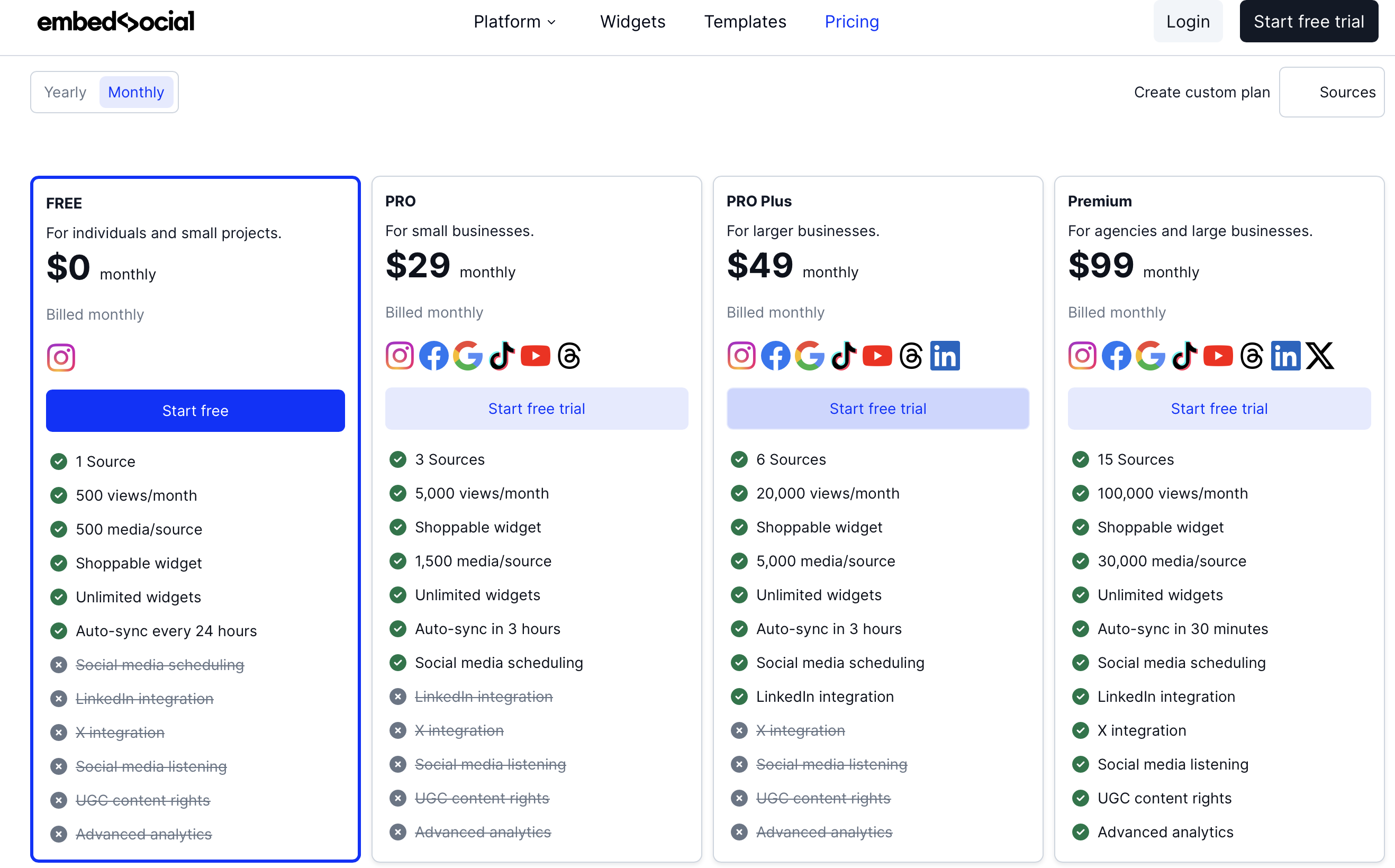 EmbedSocial pricing showing separate product pricing tiers