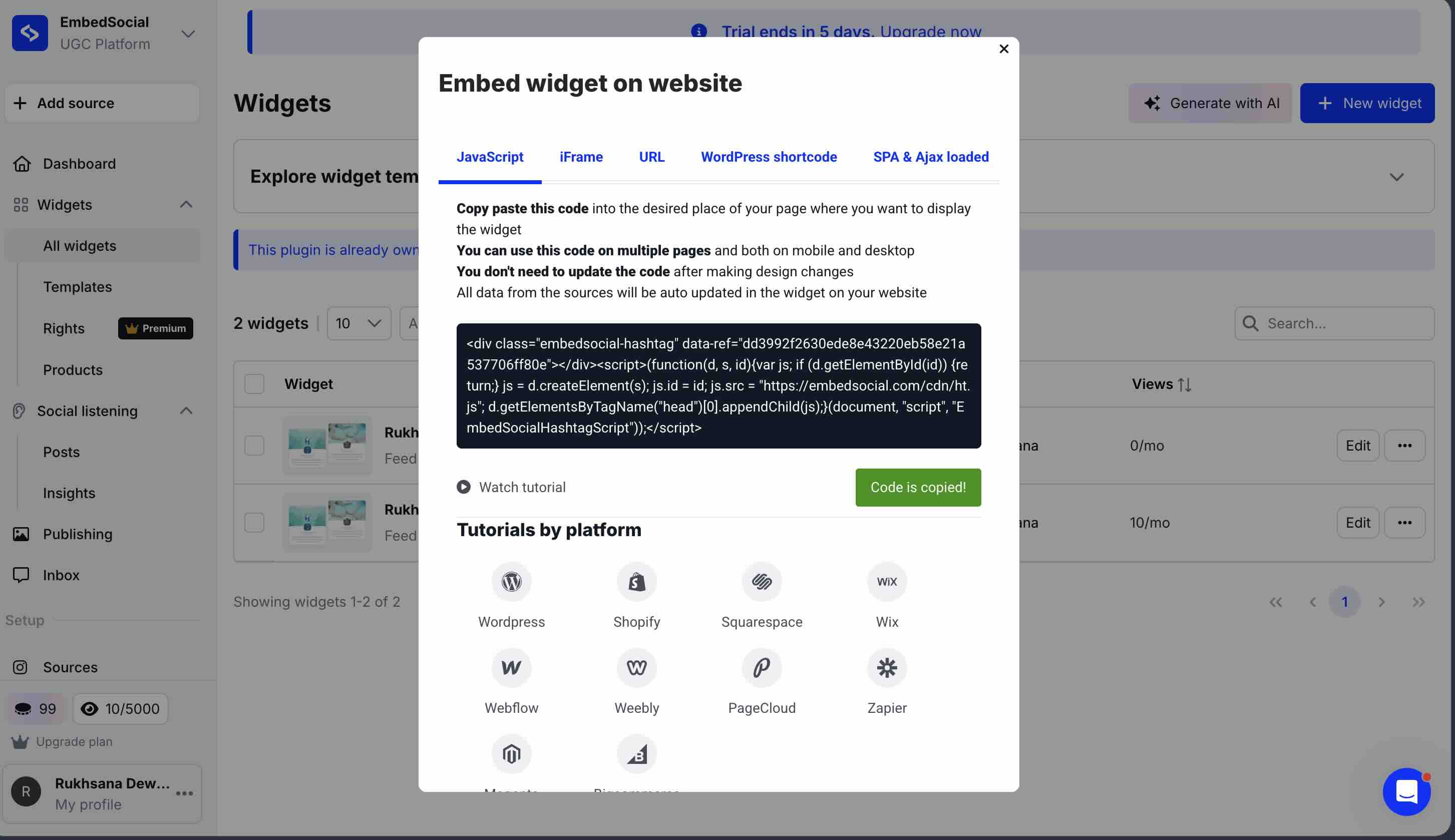 EmbedSocial embed code options showing JavaScript, iframe, URL, WordPress shortcode, and SPA deployment methods