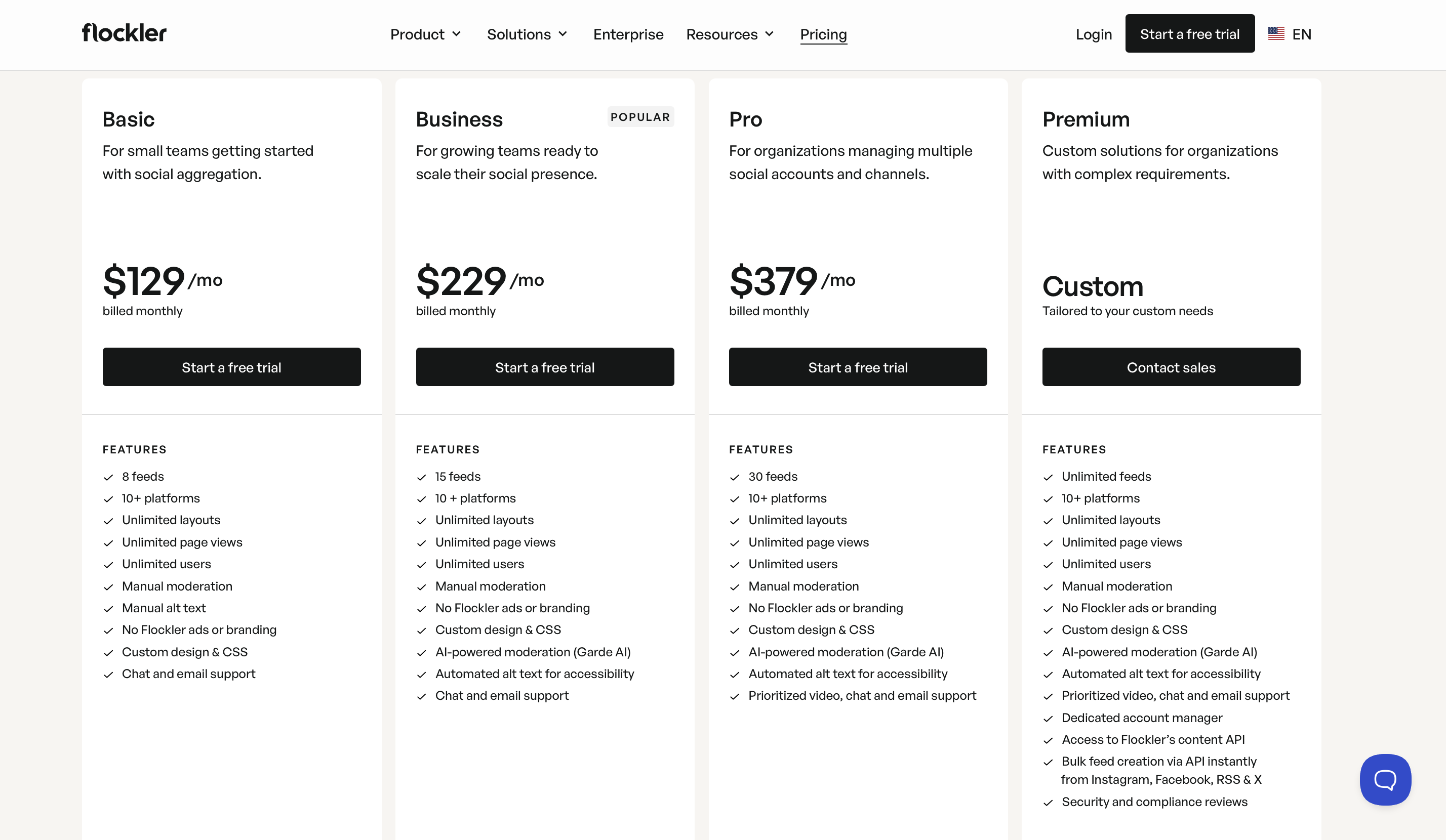 Flockler pricing page showing Starter at ~$94-129/mo, Growth at ~$189-259/mo, Premium at ~$289-379/mo