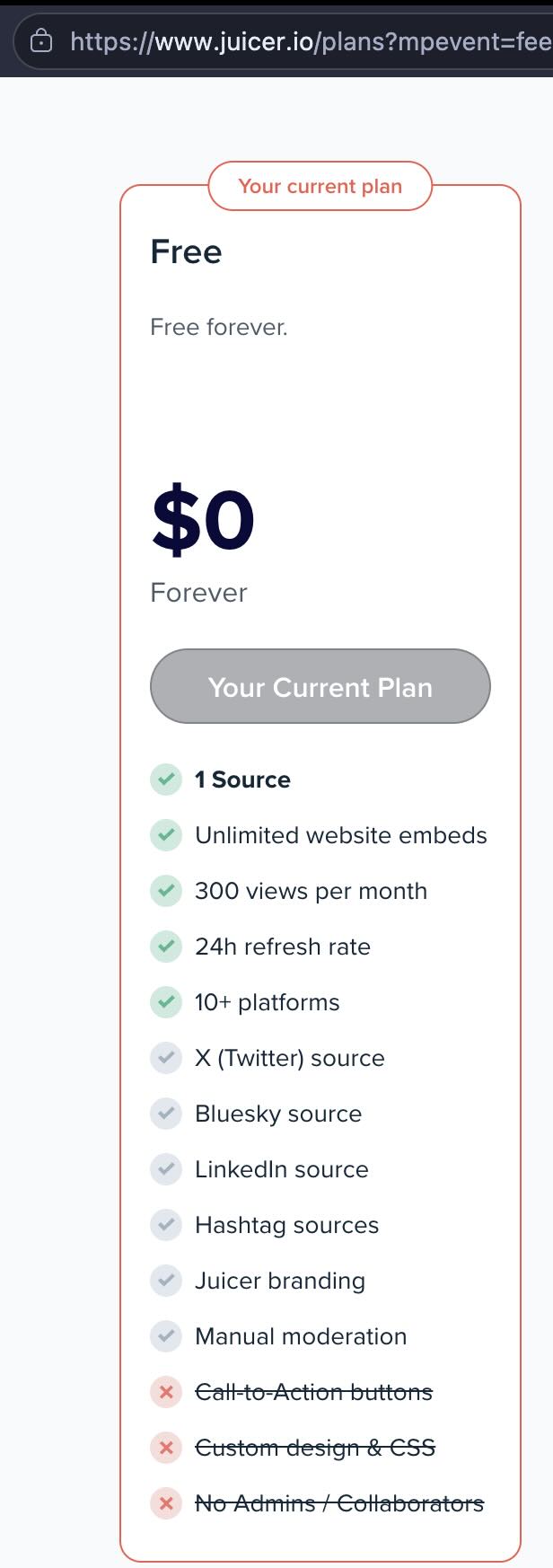 Juicer.io settings showing 24-hour refresh rate on free plan