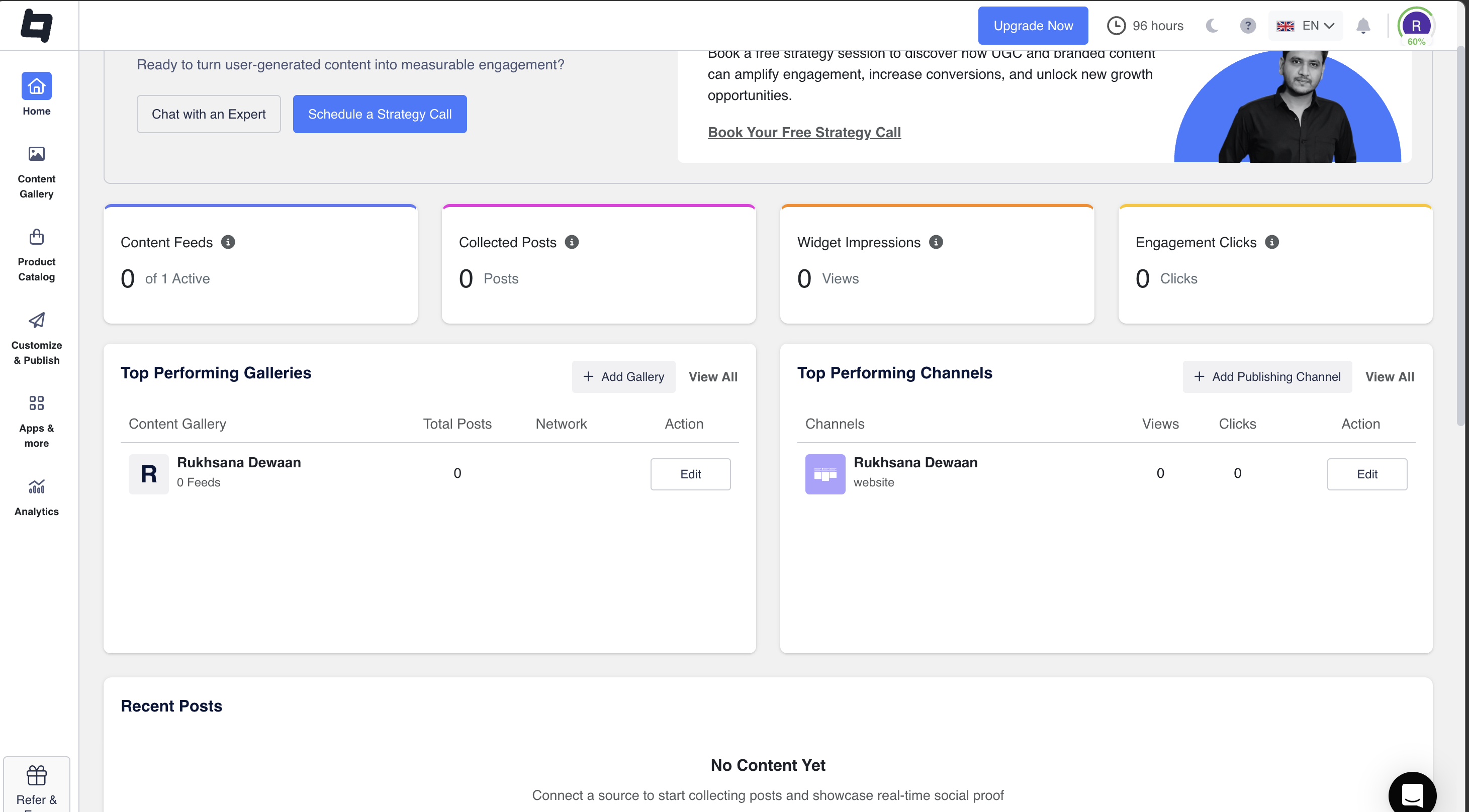 Tagembed dashboard showing basic layout templates