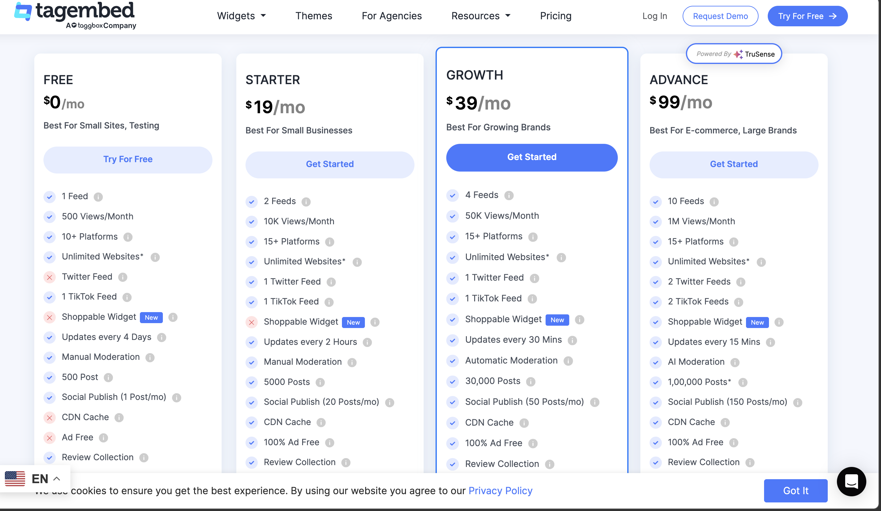 Taggbox pricing page showing separate Widget, Display, and UGC Suite products