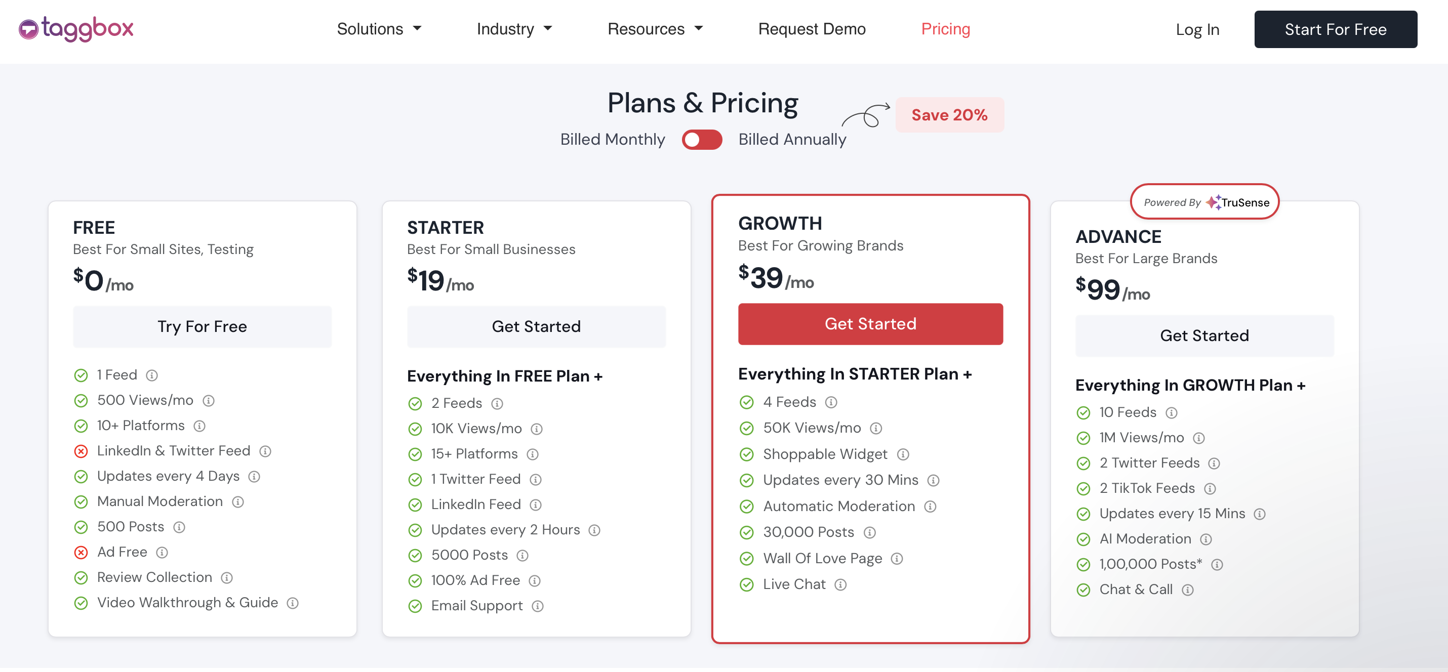 Taggbox pricing page showing separate Widget, Display, and UGC Suite products