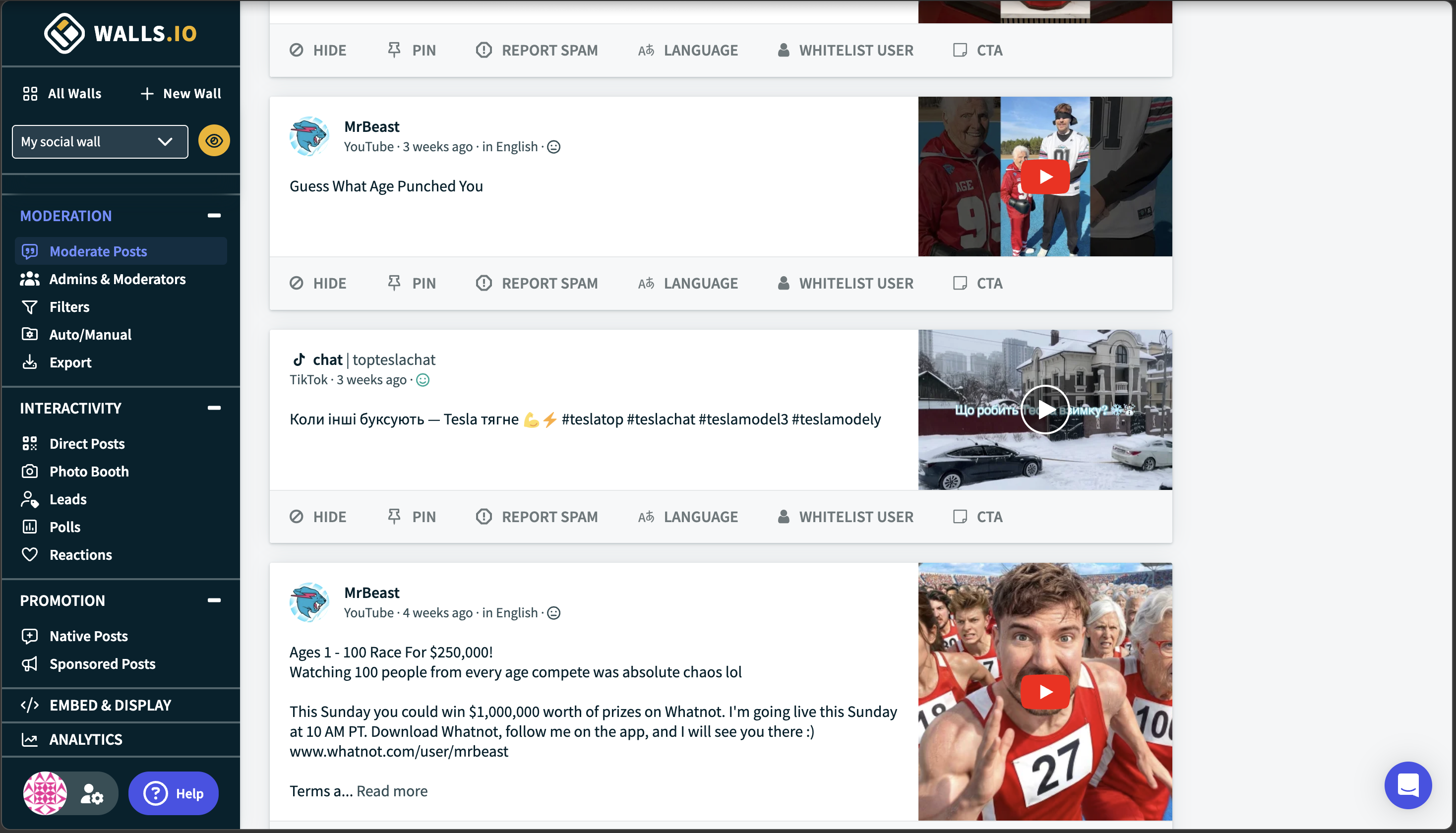Walls.io dashboard interface showing the management features